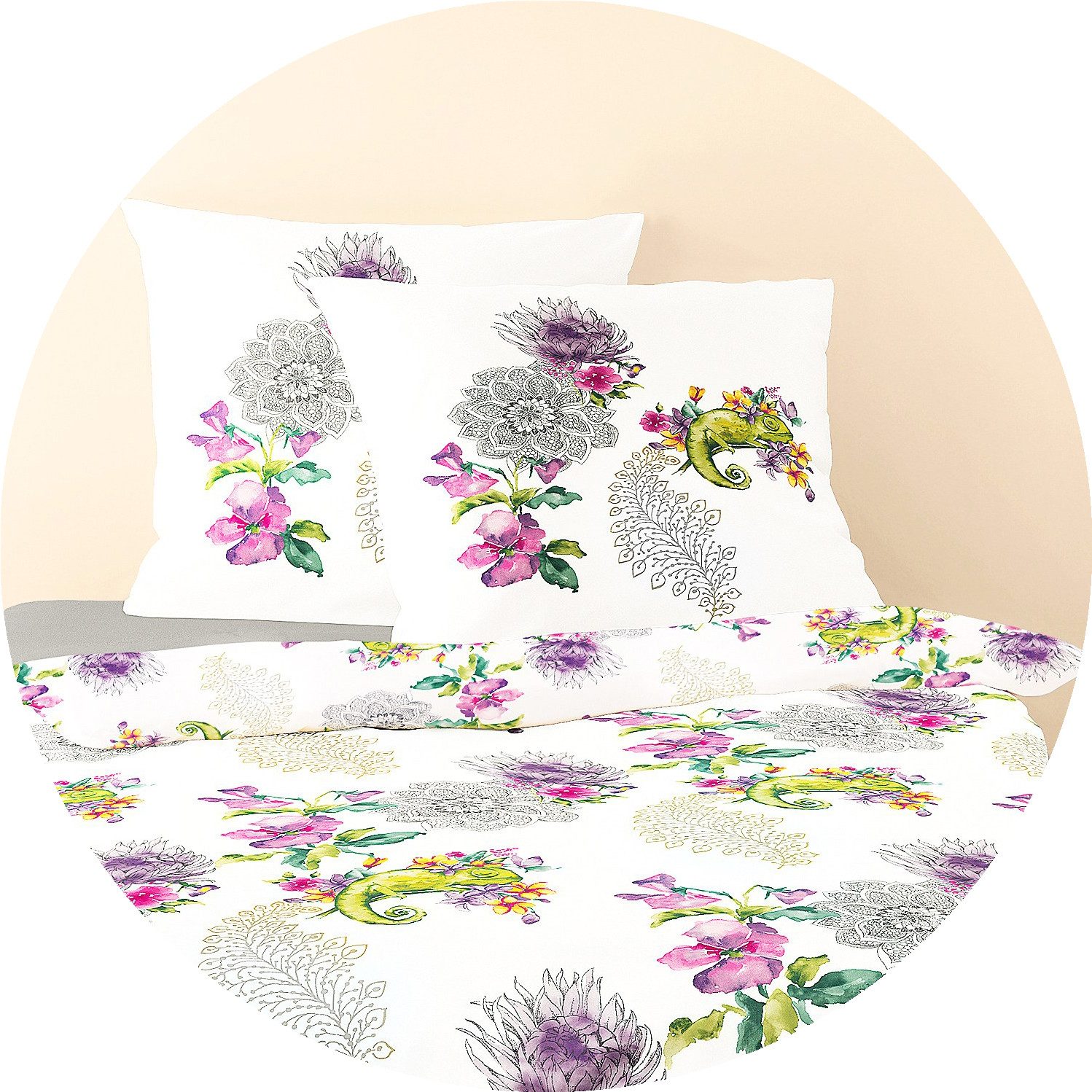 BIERBAUM Bettwäsche Bierbaum Mako Satin Bettwäsche 135x200cm 2 tlg. Blumen Chamäleon Bunt, Satin, 2 teilig, Feiner und weicher Griff, besonders atmungsaktiv