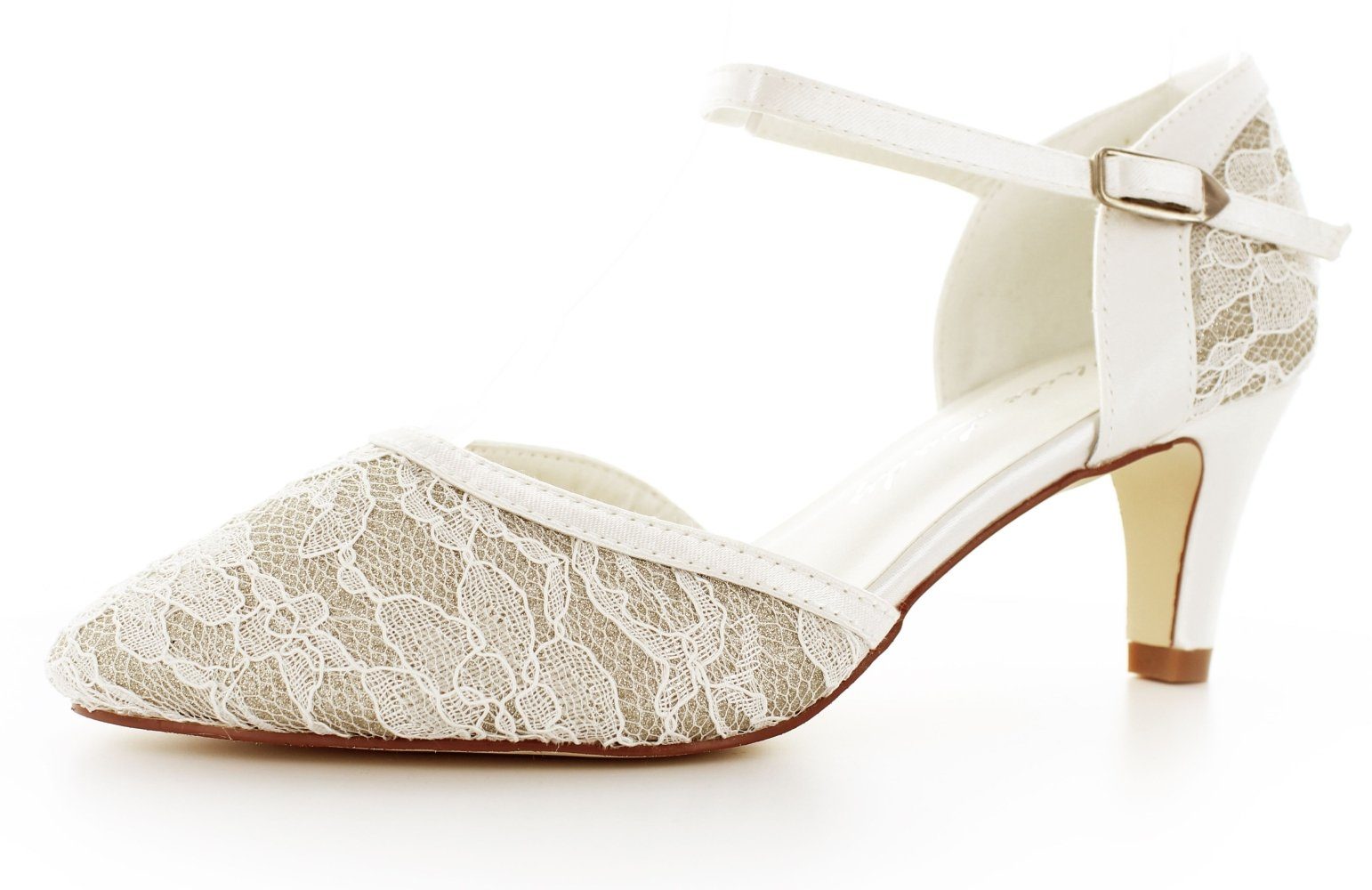 White Lady 879 ivory-champagner - Brautpumps aus Spitze und Glitter Slingpumps