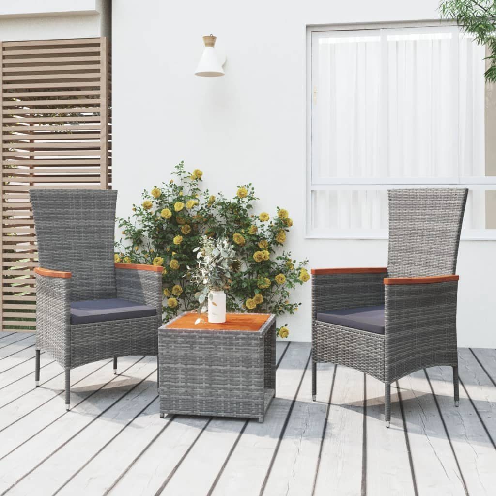 vidaXL Gartenlounge-Set 3-tlg. Garten-Lounge-Set Grau Poly Rattan & Massivholz, (3-tlg)