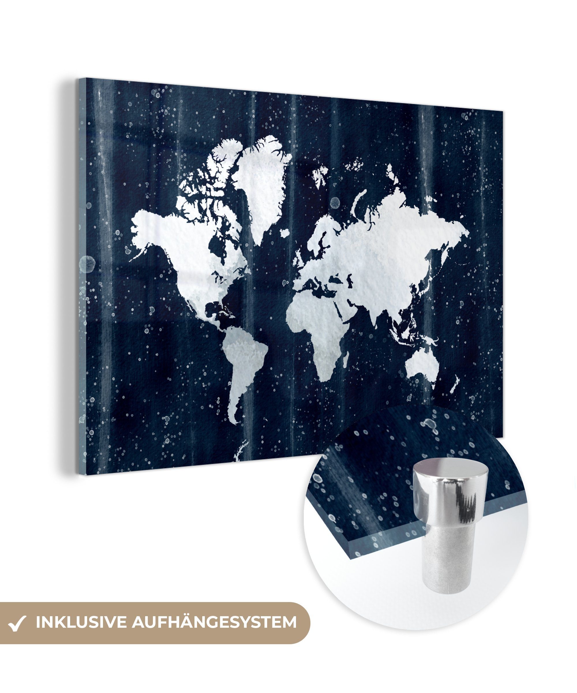 (1 - MuchoWow Weltkarte Wanddekoration - Weiß Acrylglasbild auf Glas Glas Foto - Wandbild auf Bilder - Glasbilder St), Blau, -