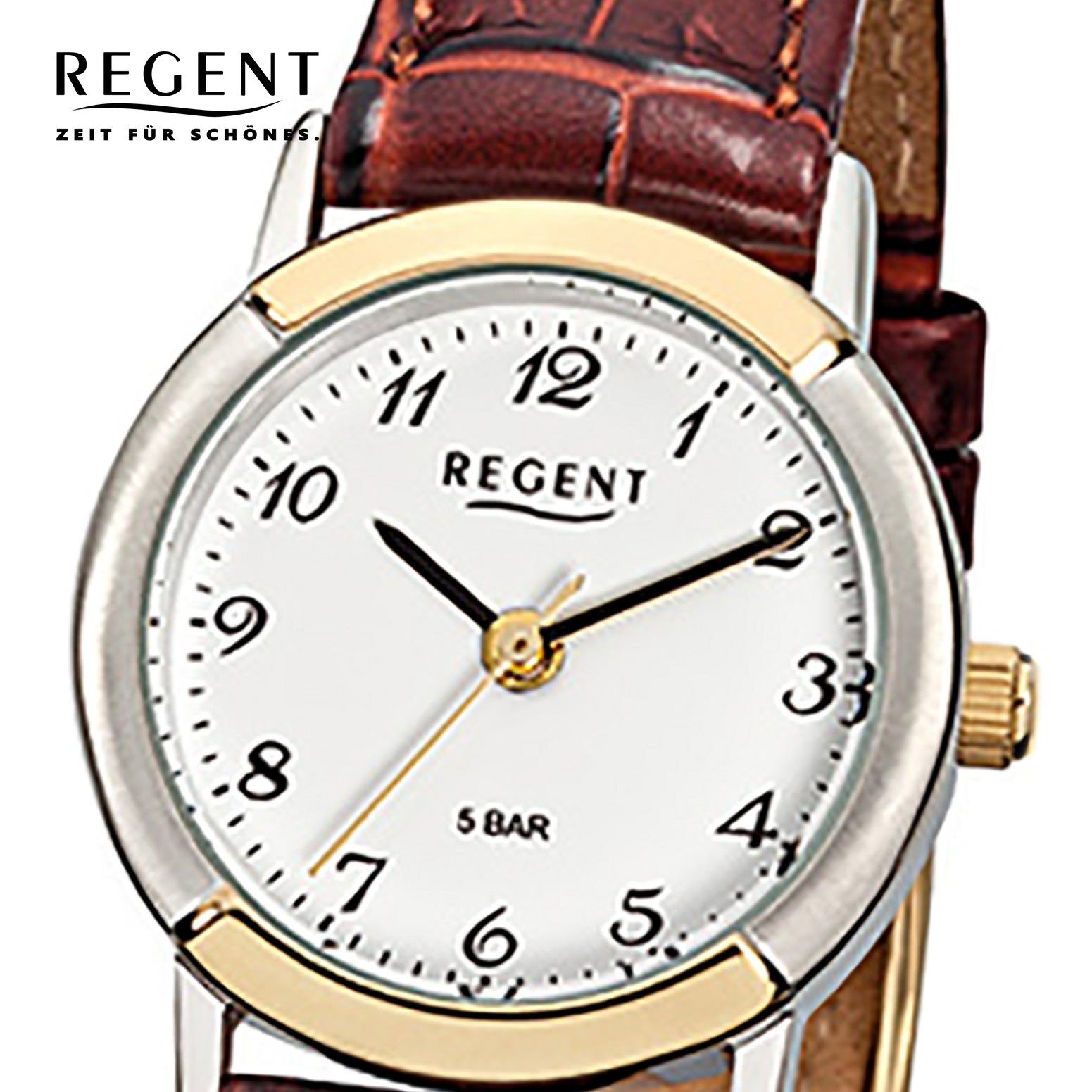 Analog Armbanduhr Damen braun Regent F-576, Damen-Armbanduhr Regent 25mm), rund, (ca. klein Lederarmband Quarzuhr