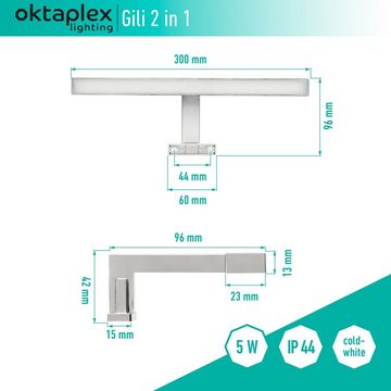 Oktaplex lighting LED Spiegelleuchte Gili 5W 350lm, 2 in 1 Klemm- & Aufbauleuchte, LED fest verbaut, kaltweiß, chrom LED Spiegellampe tageslichtweiß 6500K
