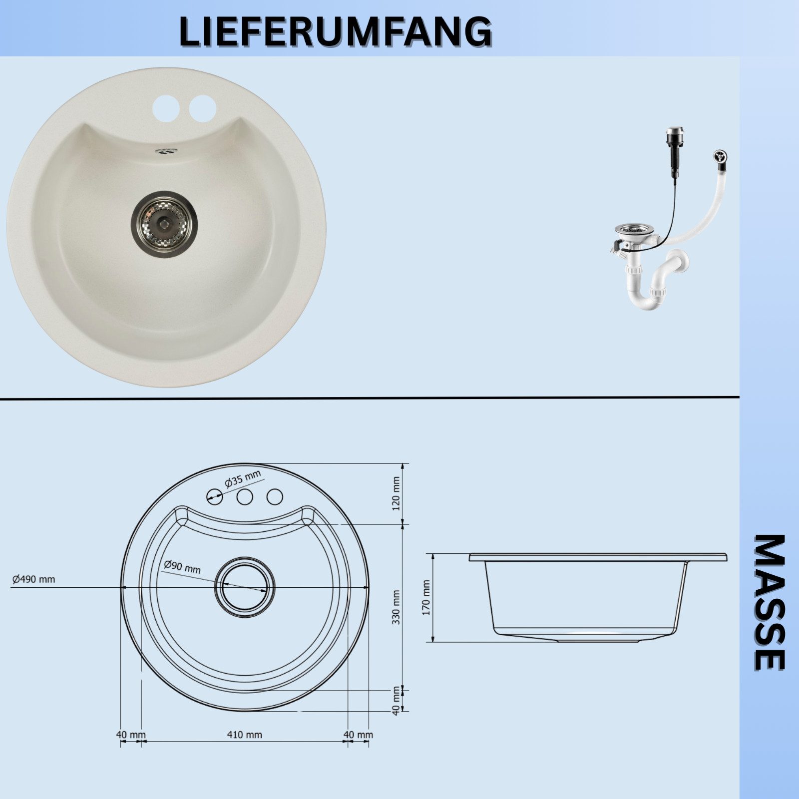 Faizee Möbel Granitspüle Granitspüle Einbauspüle rund Spülbecken+Drehexcenter+Siphon 49cm, Rund