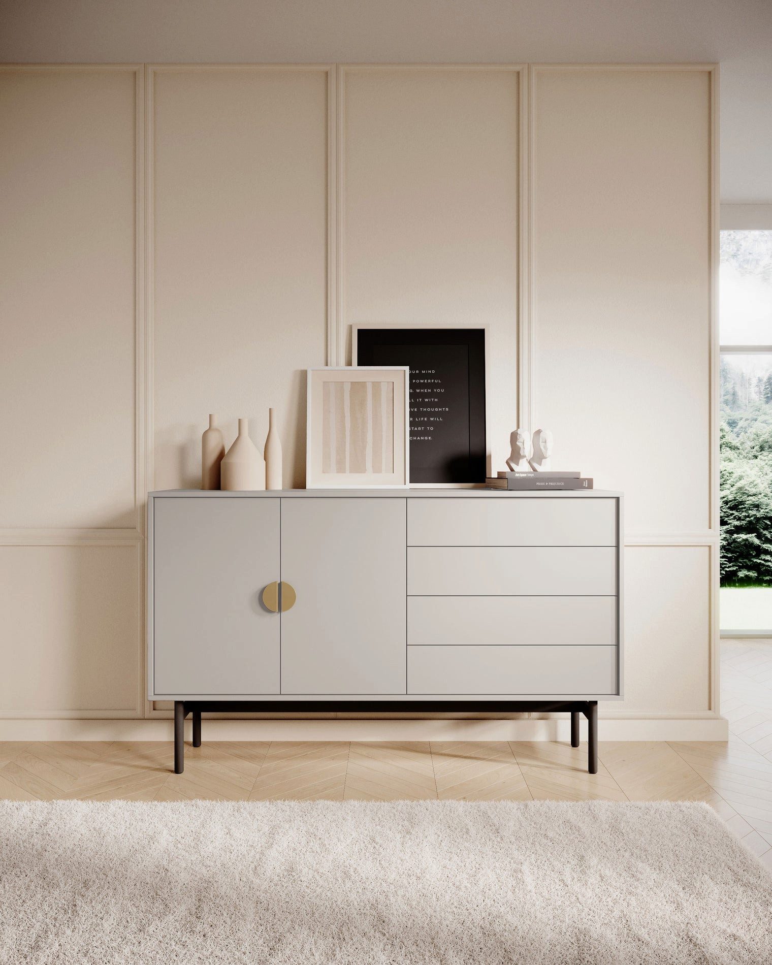 Selsey Sideboard STOON II, Vier Schubladen, zwei Türen, edles Graubeige, viel Stauraum.