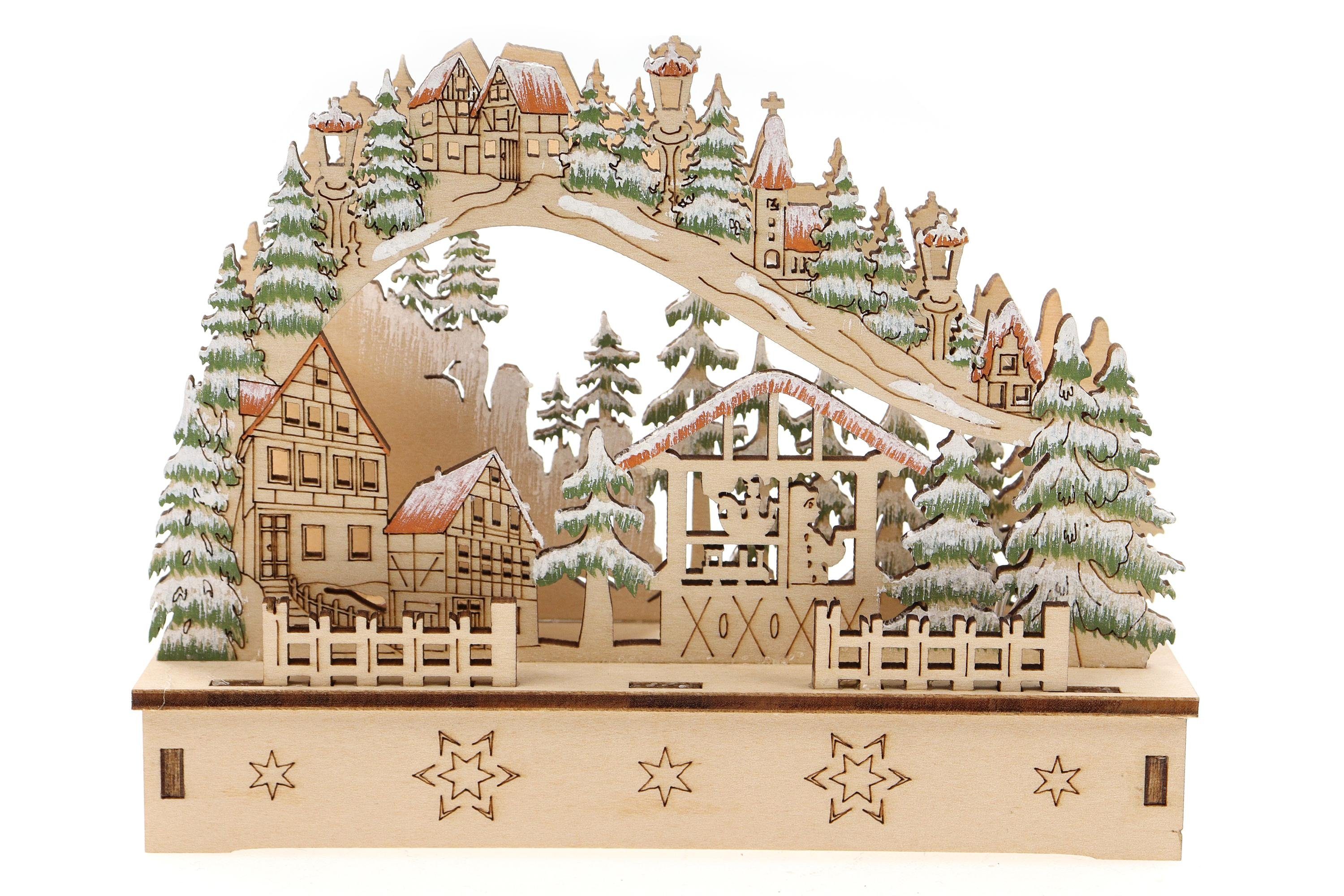 ELLUG Schwibbogen 3D Schwibbogen Holzschnitt, On/Off Schalter, 14,5*4,5*11cm, Licht, batteriebetrieben, Timer (6h On/18h Off)