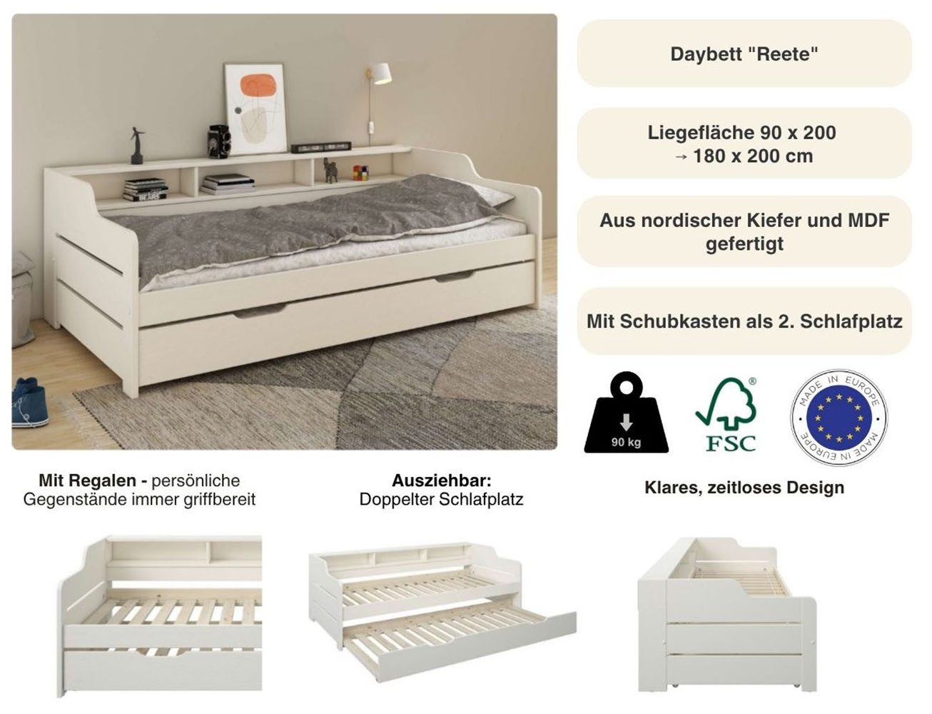 OTTO home Daybett "REETE1", Stauraum, Funktionsbett, Kinderbett, inklusive Schubkasten, mit Regalen, FSC® zertifiziertes Massivholz (Kiefer), Landhausstil