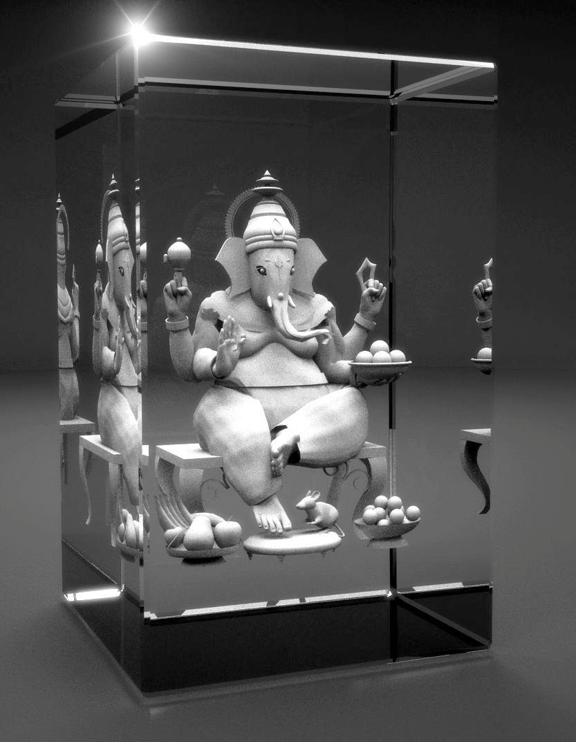 VIP-LASER Dekofigur 3D Glasquader Motiv: Ganesha, Hochwertige Geschenkbox, Made in Germany, Familienbetrieb