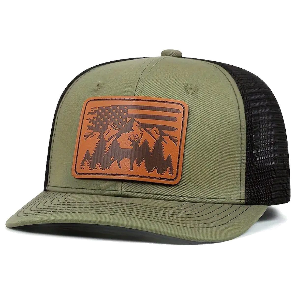 Sporty Trucker Cap U.S.A. Wood USA Fahne Berge Retro Amerika Trucker Mesh Baseballcap USA Wood Fahne Kunstleder Patch