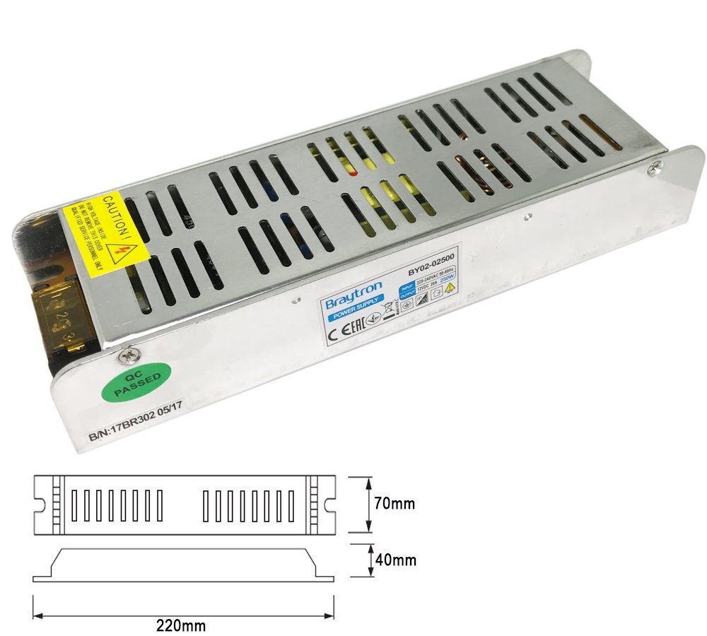 Braytron 12V - 20A - 250W AC Adapter LED Trafo Netzteil LED Trafo (Transformator Treiber LED Trafo AC Adapter für LED Produkte und Strip)