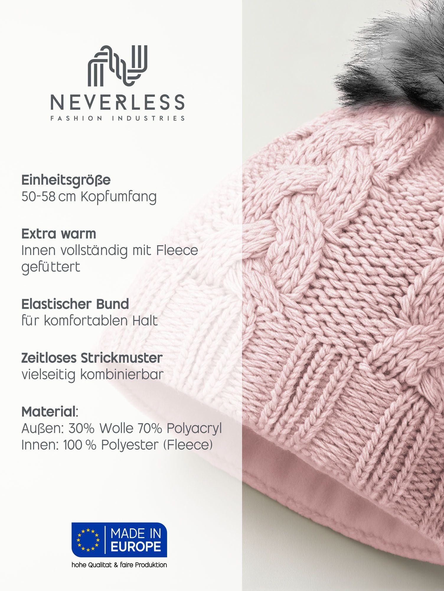 Neverless Strickmütze Damen Strickmütze Zopfmuster Fleccefutter Bommelmütze Pudelmütze