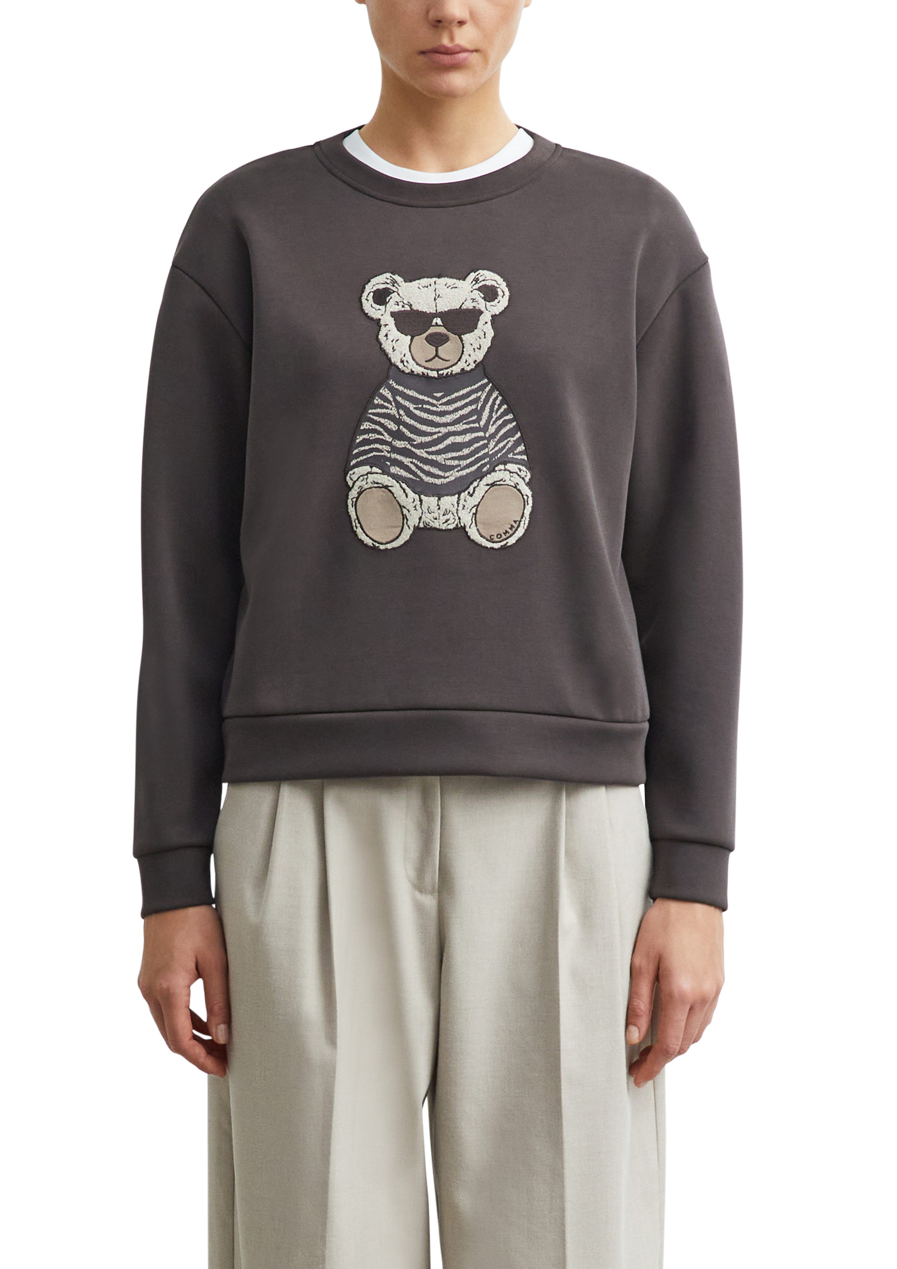 comma Sweater mit Teddy-Stickerei / Viskose-Stretch