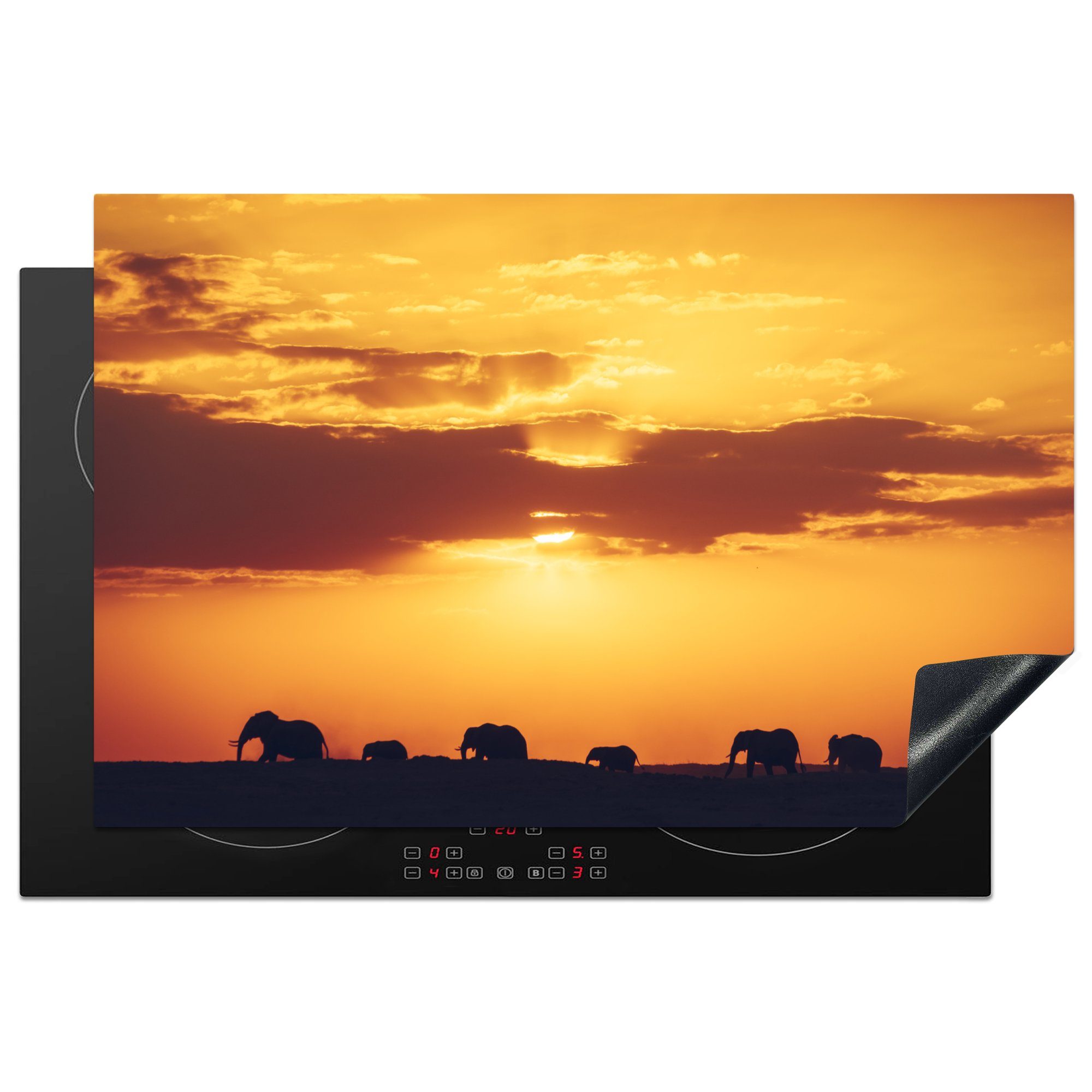 MuchoWow Herdblende-/Abdeckplatte Elefanten - Tiere - Sonnenuntergang, Vinyl, (1 tlg), 81x52 cm, Induktionskochfeld Schutz für die küche, Ceranfeldabdeckung
