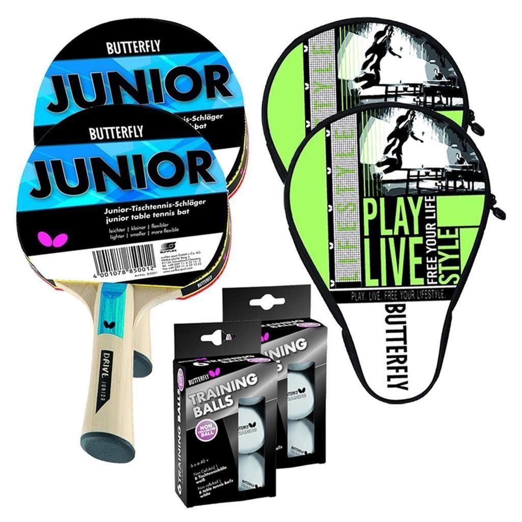Butterfly Tischtennisschläger 2x Junior + 2x Hülle + 12 Bälle weiß, Tischtennis Schläger Set Tischtennisset Table Tennis Bat Racket