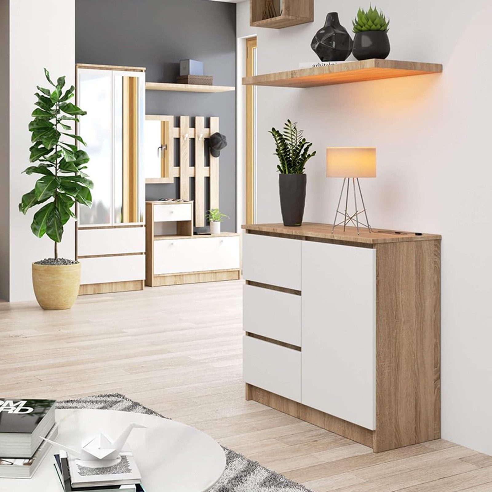 JanflyHome Kommode mit 3 Schubladen, Moderne Kommode Für das Wohnzimmer Schlafzimmer (1 St), Sonoma Eiche + Weiß Front