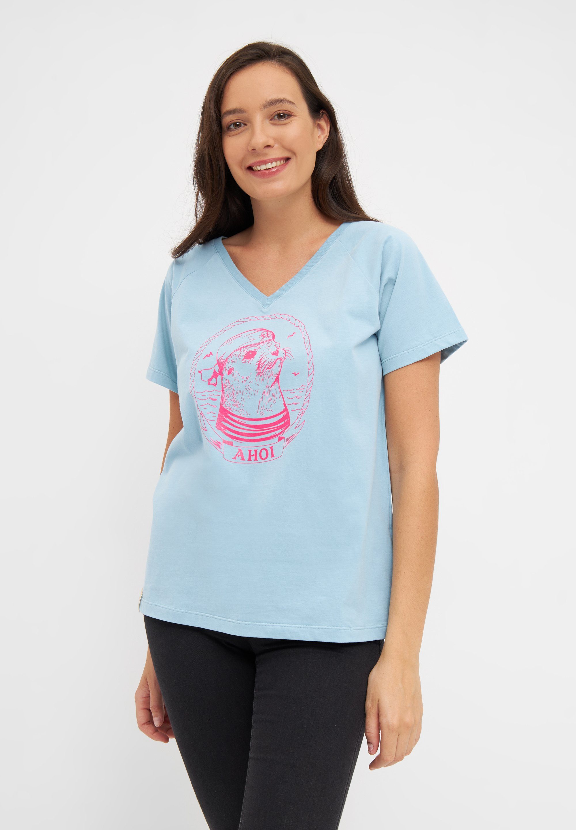 Baumwolle, / T-Shirt Derbe Matrosenrobbe Knopf in Portugal, Grüner Engel Blauer Made