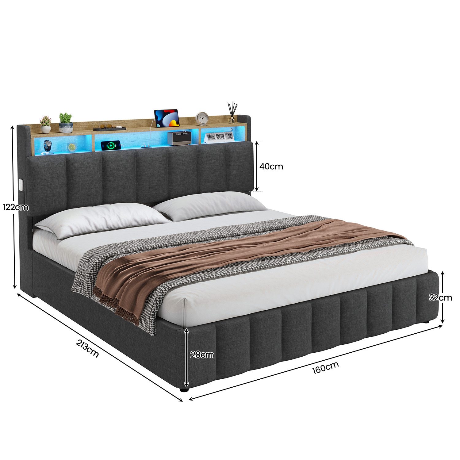 KIMENICH Polsterbett mit LED Beleuchtung und Ladefunktion (1-tlg., Ohne Matratze), Jugendbett Hydraulisches Stauraumbett, 160x200 cm – Bild 2 von 5