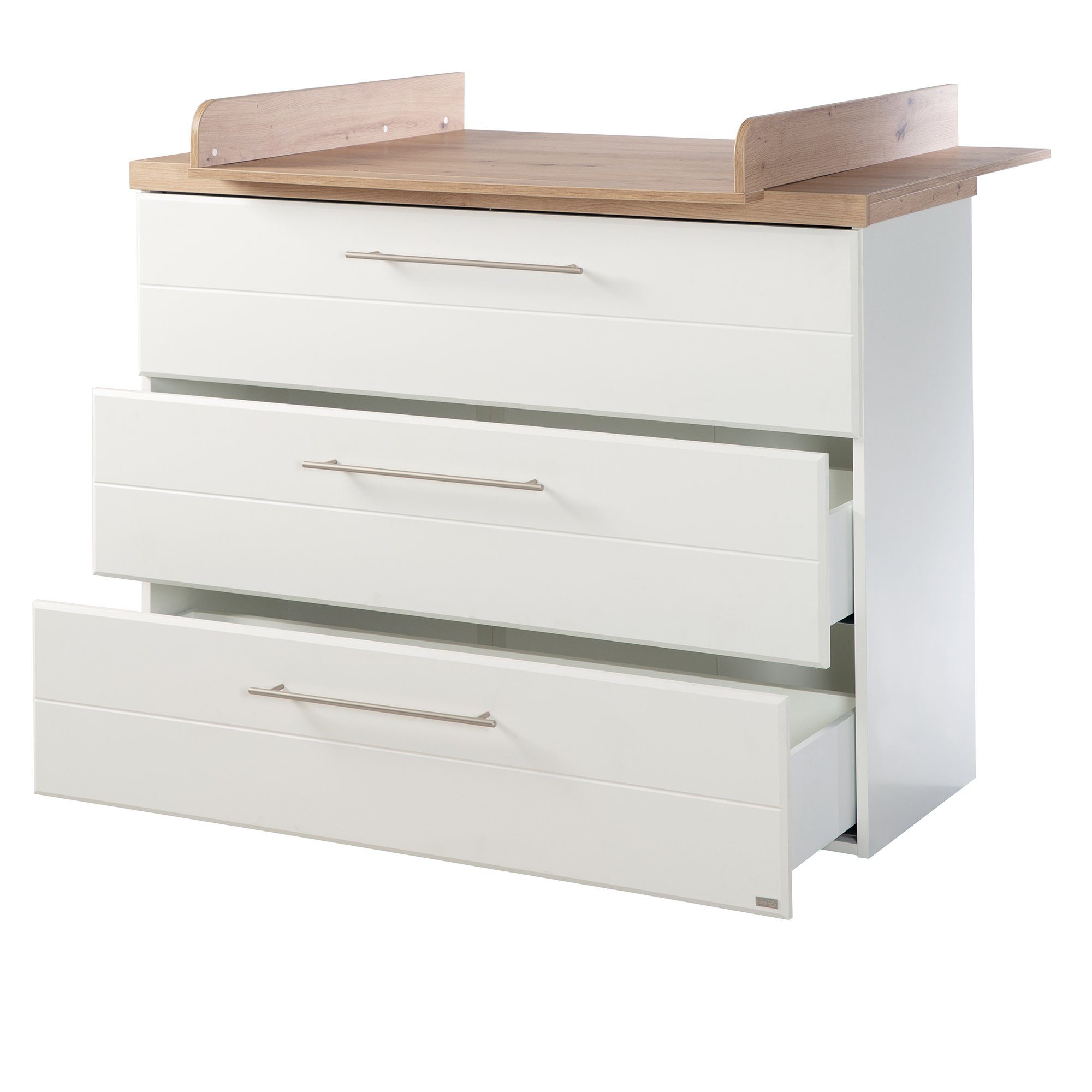 roba® Wickelkommode Nele, Wickeltisch inkl. Wickelaufsatz - 3 Schubladen - Weiß / Holz Dekor