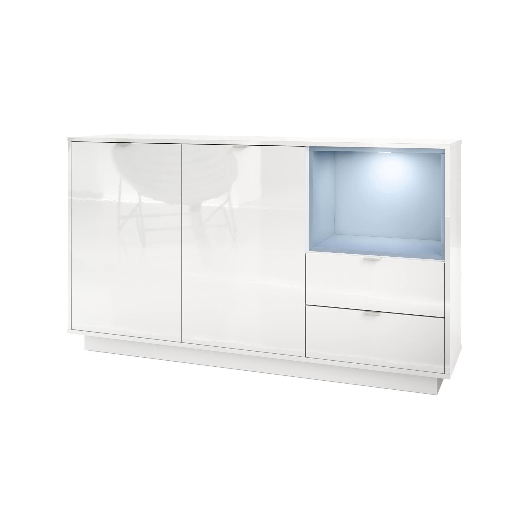 Vladon Sideboard Metro (Kommode, mit 2 Türen, 2 Schubladen und 1 offenem Fach), Weiß Hochglanz/Denim matt inkl. LED Beleuchtung (153 x 88 x 38 cm)