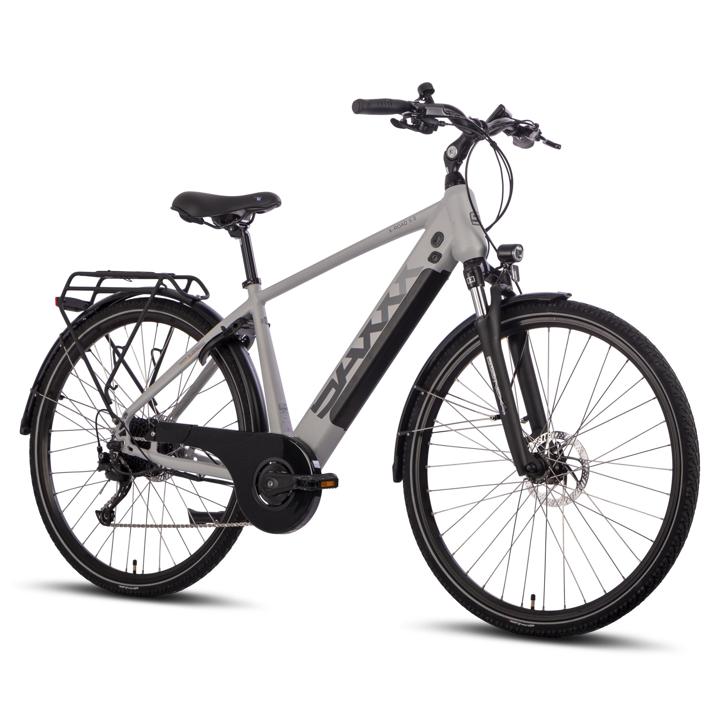 SAXXX E-Bike X-Road 5.0 E-Trekkingbike, 9 Gang Shimano, Kettenschaltung, Hinterradmotor, 468 Wh Akku, Scheibenbremsen, Federgabel