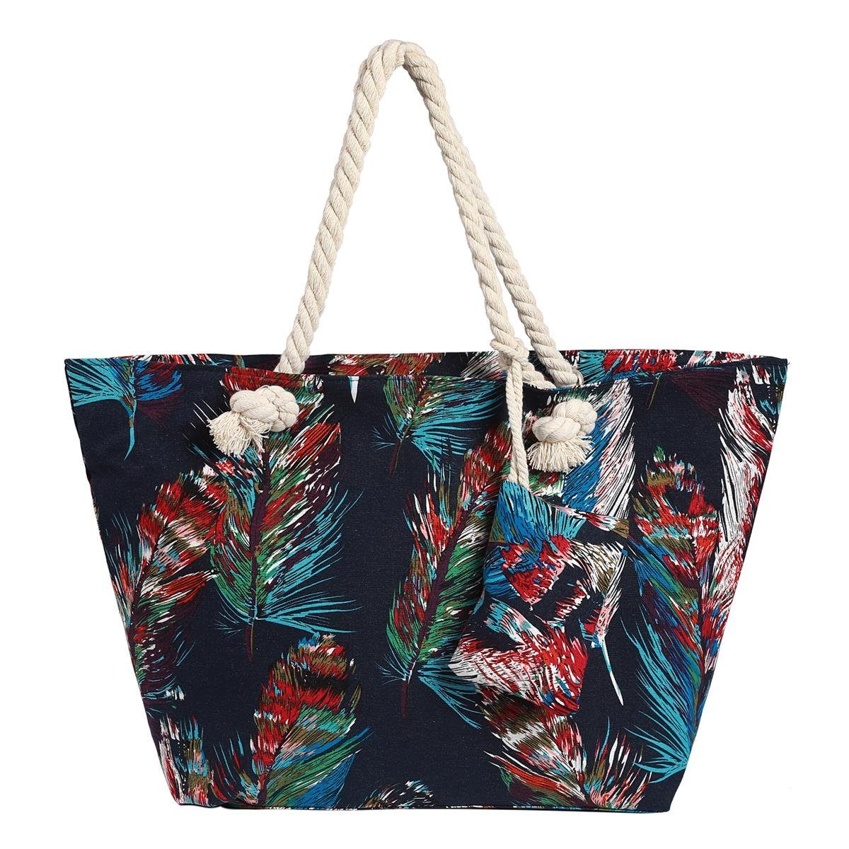 DonDon Strandtasche Shopper wasserabweisende Tasche (2-tlg), Große Strandtasche, mit Reißverschluss, inkl. kleinem Beutel federn-schwarz-bunt