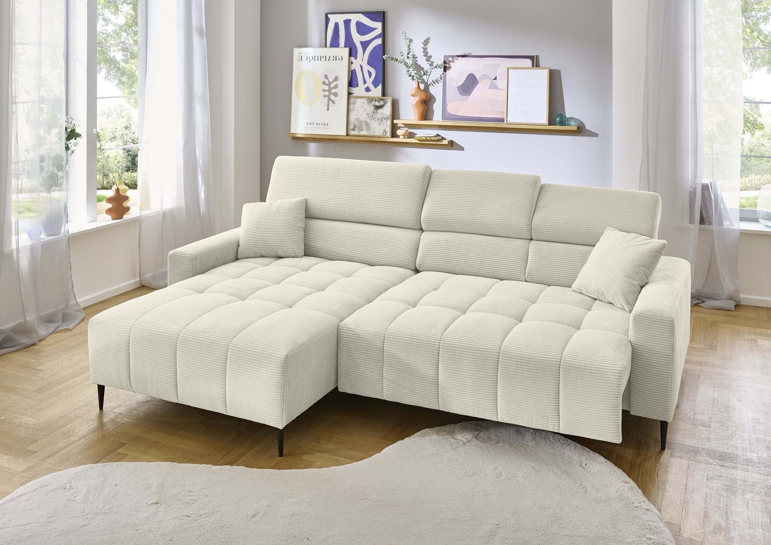 Iwaniccy Wohnlandschaft elektr. Sitztiefenverstellung, feiner Cord creme - 256x100x180 (BxHxT)