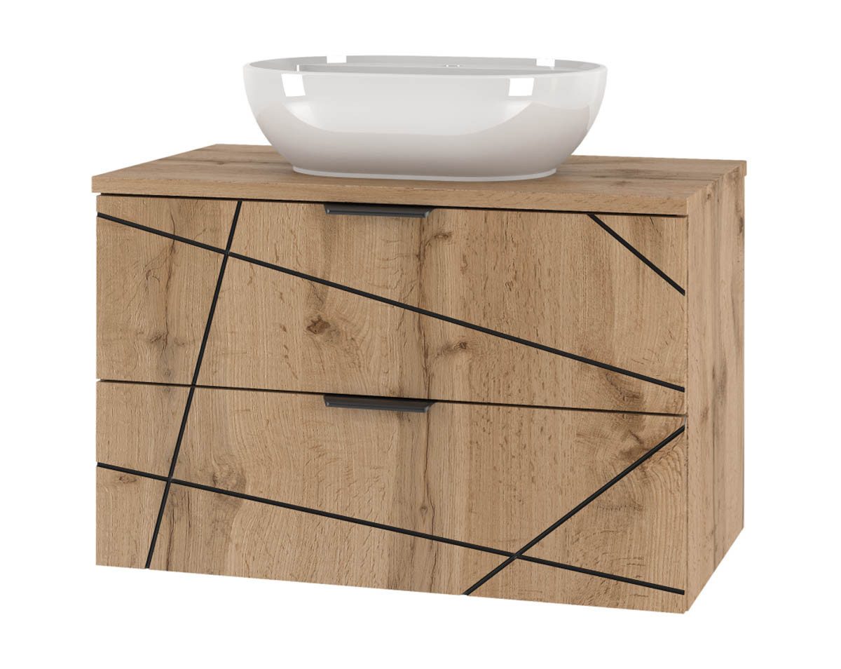 einfachgutemoebel Waschtisch-Set Badset 3-tlg. Waschtisch 80cm STRIATA, Wotan-Eiche mit Aufsatzbecken, (Badmöbel Set, 1-St., Waschtisch Unterschrank)
