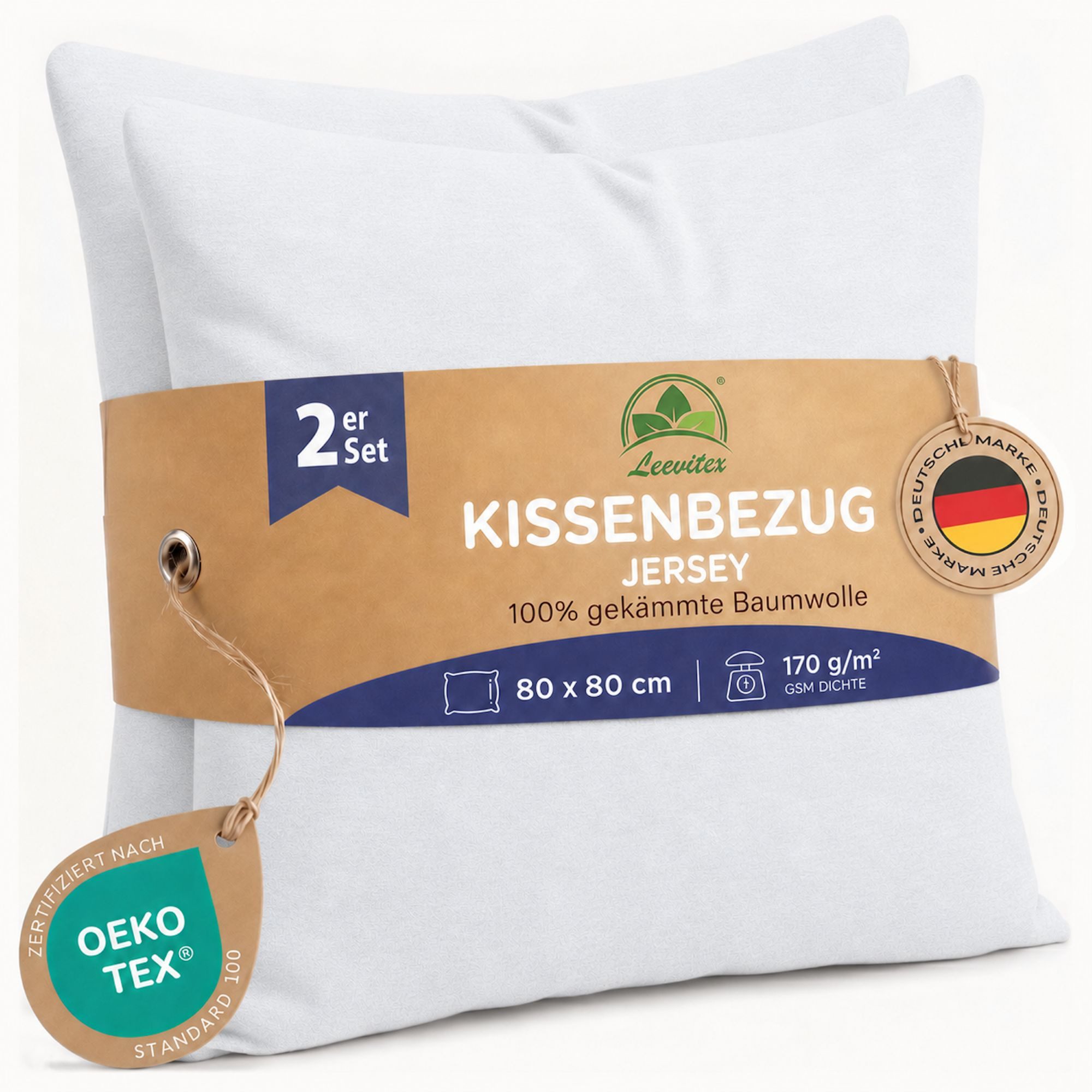 leevitex® Kissenbezüge Kissenbezug 80 x 80 cm, 2er Set, Weiß, (2 Stück), feine Jersey-Qualität, 100% Baumwolle, robuster Reißverschluss