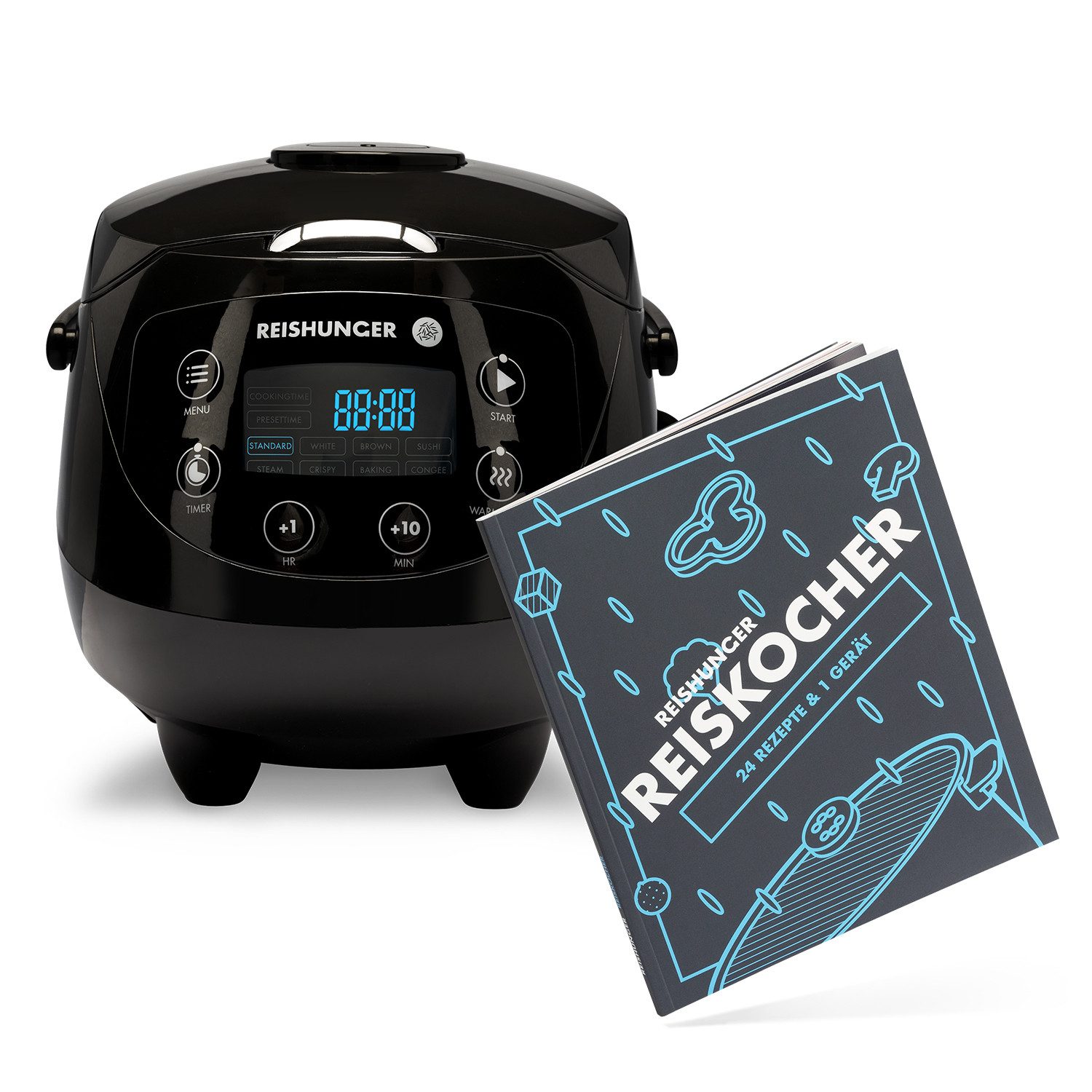 Reishunger Reiskocher Digital Mini – 0,6 L – Multikocher – 8 Programme – Keramikbeschichtung, 350 W, Dämpfeinsatz, Messbecher, Reislöffel, Timer- und Warmhaltefunktion