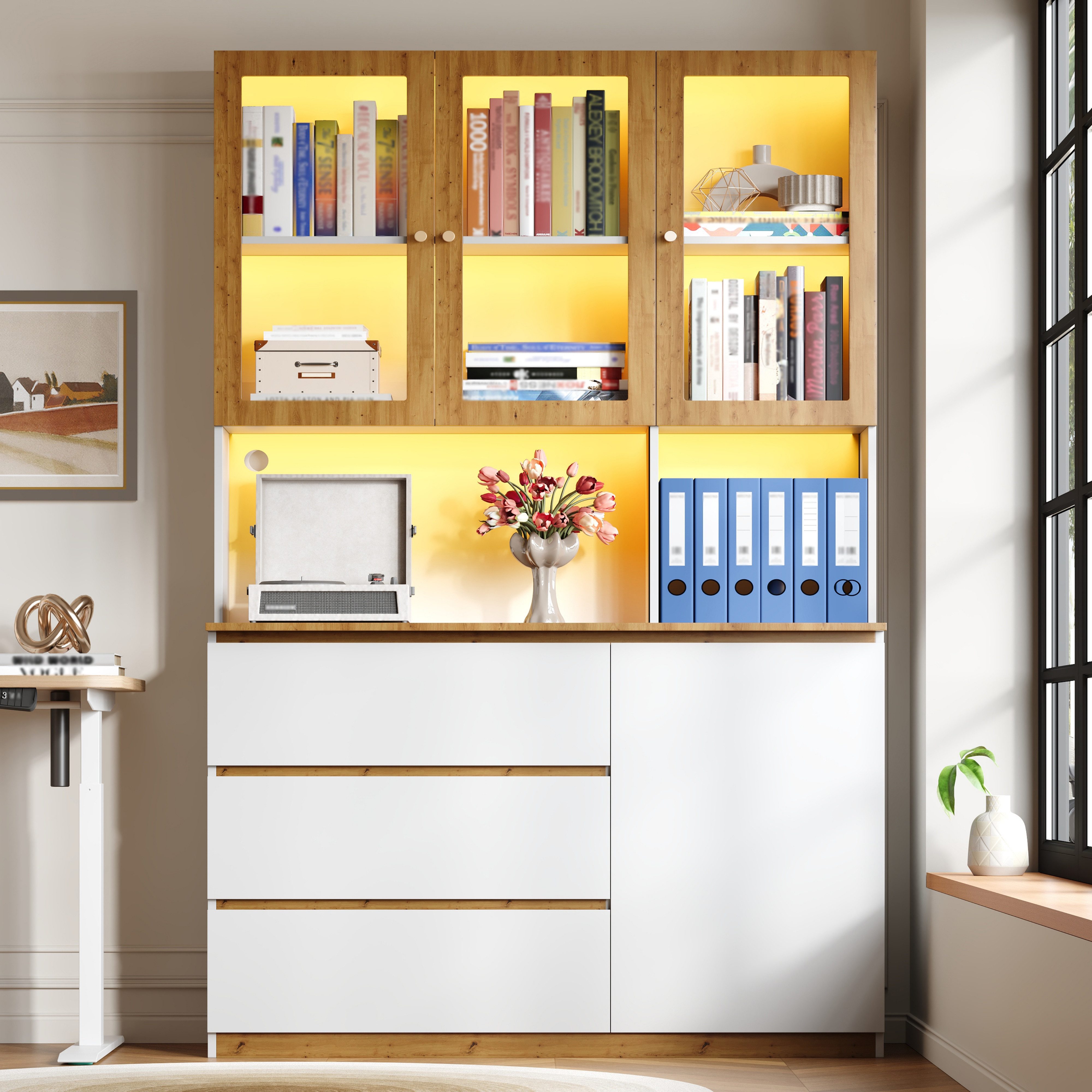 Merax Glasvitrine mit LED-Beleuchtung, 3 Schubladen, 4 Türen, (1-St., Arbeitsplatte mit Kabelmanagement) Bücherregal, Küchenschrank, Weiß+Eiche – Bild 4 von 5