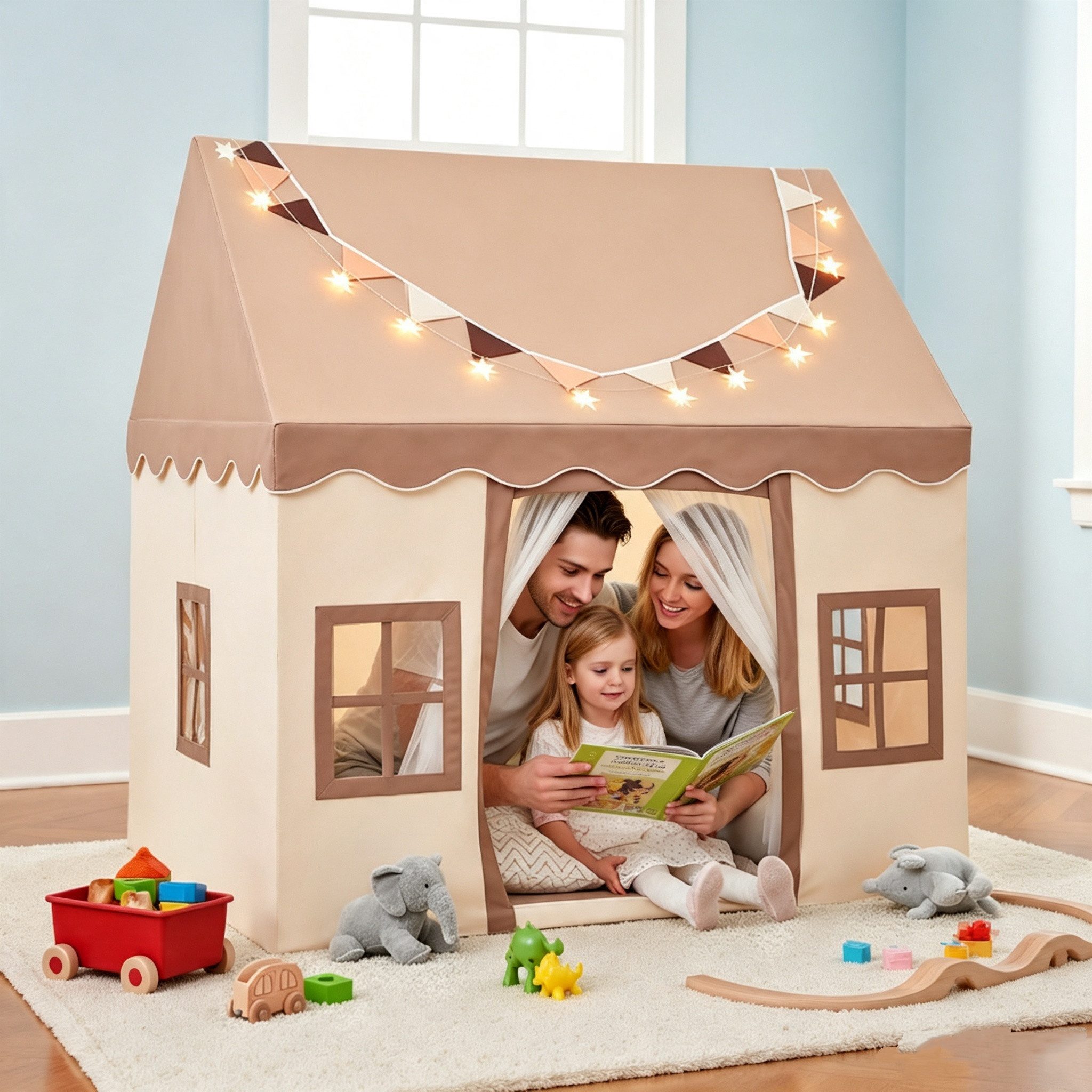 BlingBin Spielzelt Kinder Indoor Kinderspielhaus Kinderzelt Spielhaus mit Lichtern (120 × 100 × 130 cm,mit 3 Fenstern,leicht montierbares) inklusive Krabbelmatte und Flagge für jedes Kinderzimmer Dekor