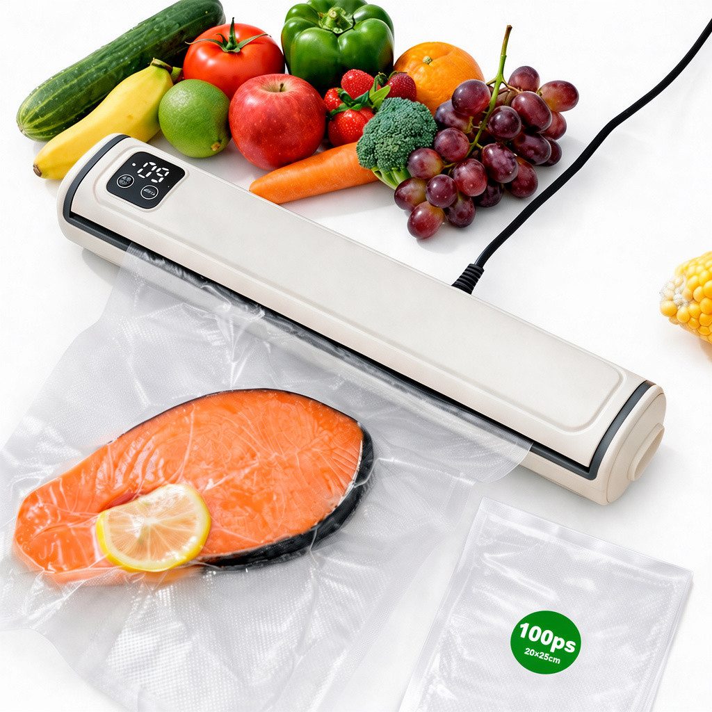 BBG Vakuumierer Vakuumiergerät 90W Automatisch mit 100 Beuteln – 80kPa Vakuumierer, Rollenbreite 28 cm, Folienschweißgerät für Lebensmittel, Trocken & Feucht, Kompakt