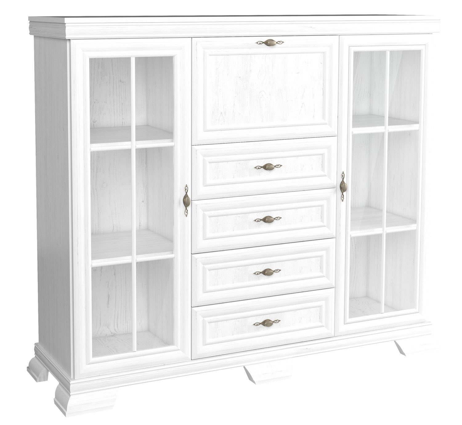 Feldmann-Wohnen Highboard Kora (2 Glastüren, 1 Klappe, 4 Schubladen, 4 Einlegeböden, 1 St., klassisch elegante Optik, Metallgriffe, MDF-Aufleistung), 158x46x136cm Anderson Pinie