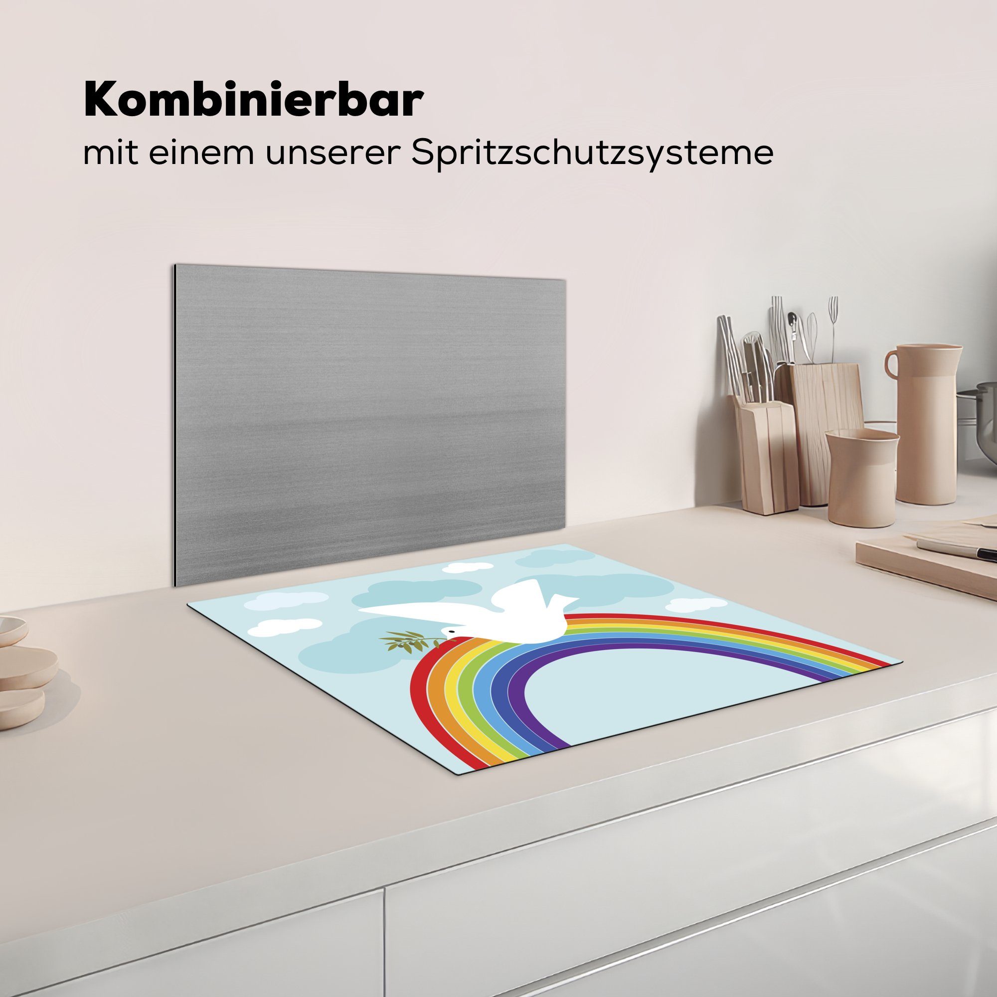 MuchoWow Herdblende-/Abdeckplatte Eine Vinyl, 60x52 nutzbar, Ceranfeldabdeckung Illustration tlg), cm, weißen Regenbogen, Mobile (1 über Taube einer dem Arbeitsfläche