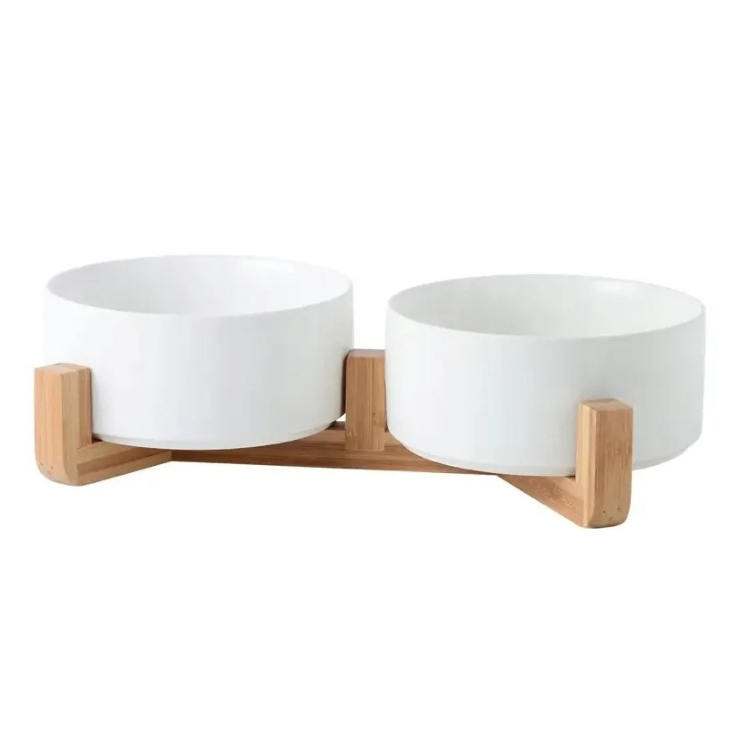 NUXIE PREMIUM Napf-Set Doppelkeramik-Napf auf Bambusständer 2x400ml Haustier Futterstation, Keramik, 2 Keramiknäpfe, Bambusständer, stabil, hygienisch, pflegeleicht