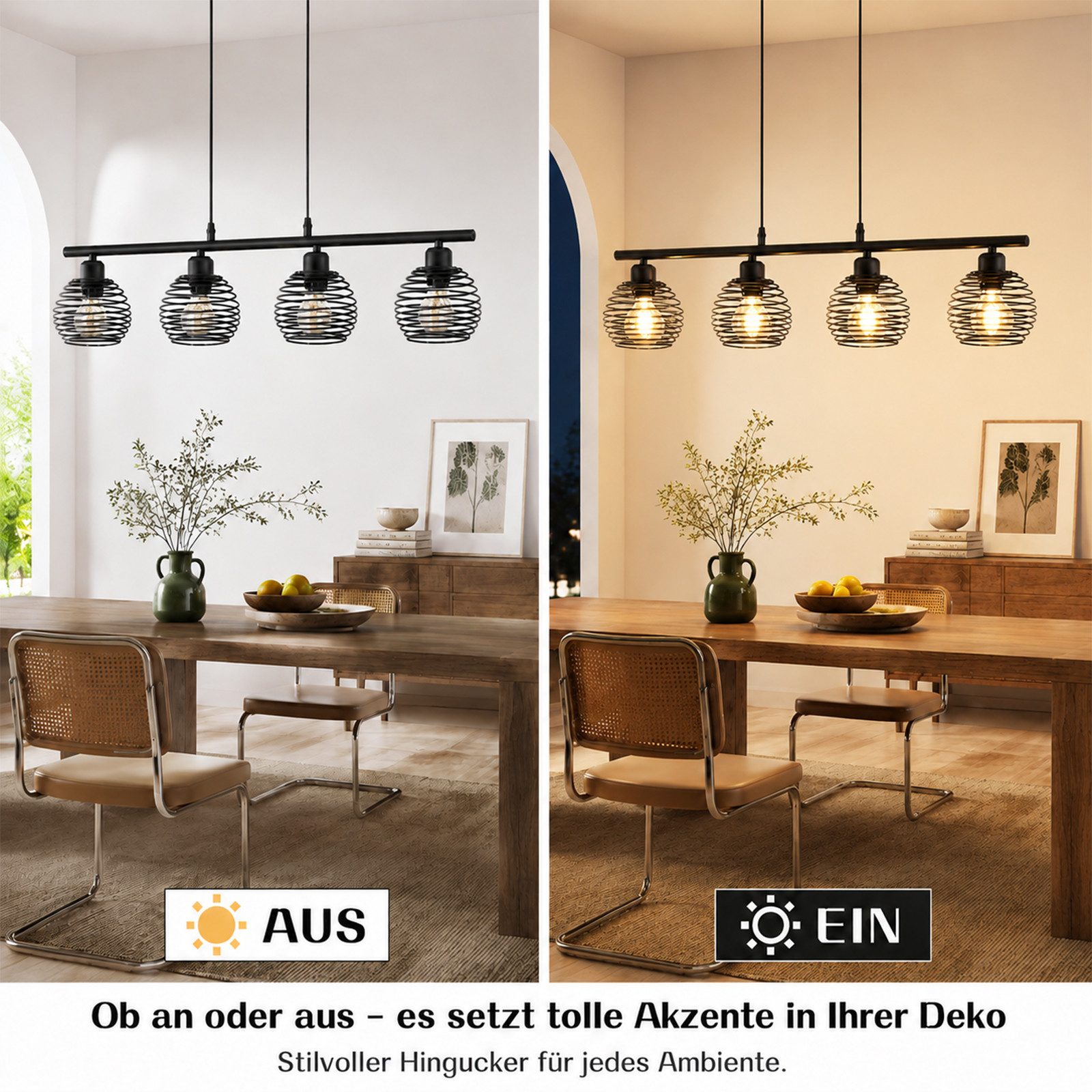 Nettlife Pendelleuchte Schwarz Esstisch Vintage Metall E27 Hängelampe Retro Hängeleuchte, LED wechselbar, für Esstisch Küche Esszimmer Wohnzimmer Arbeitszimmer  – Bild 5 von 5