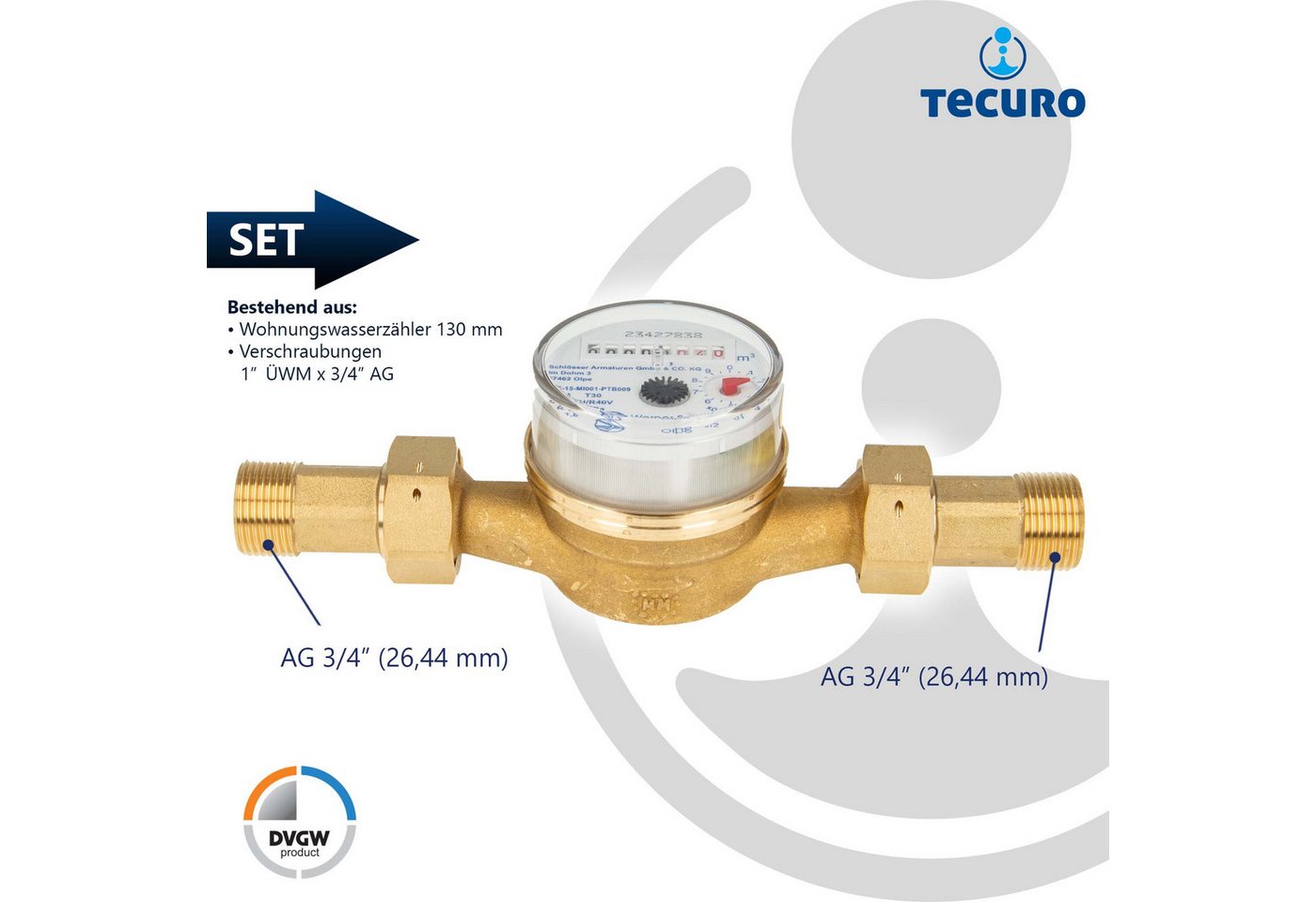 Thumbnail - tecuro Wasserzähler Kombi-Set Kaltwasser bis 30°C - Länge 130 mm, 1 Zoll AG, (inkl. Plombiersatz und Dichtung)