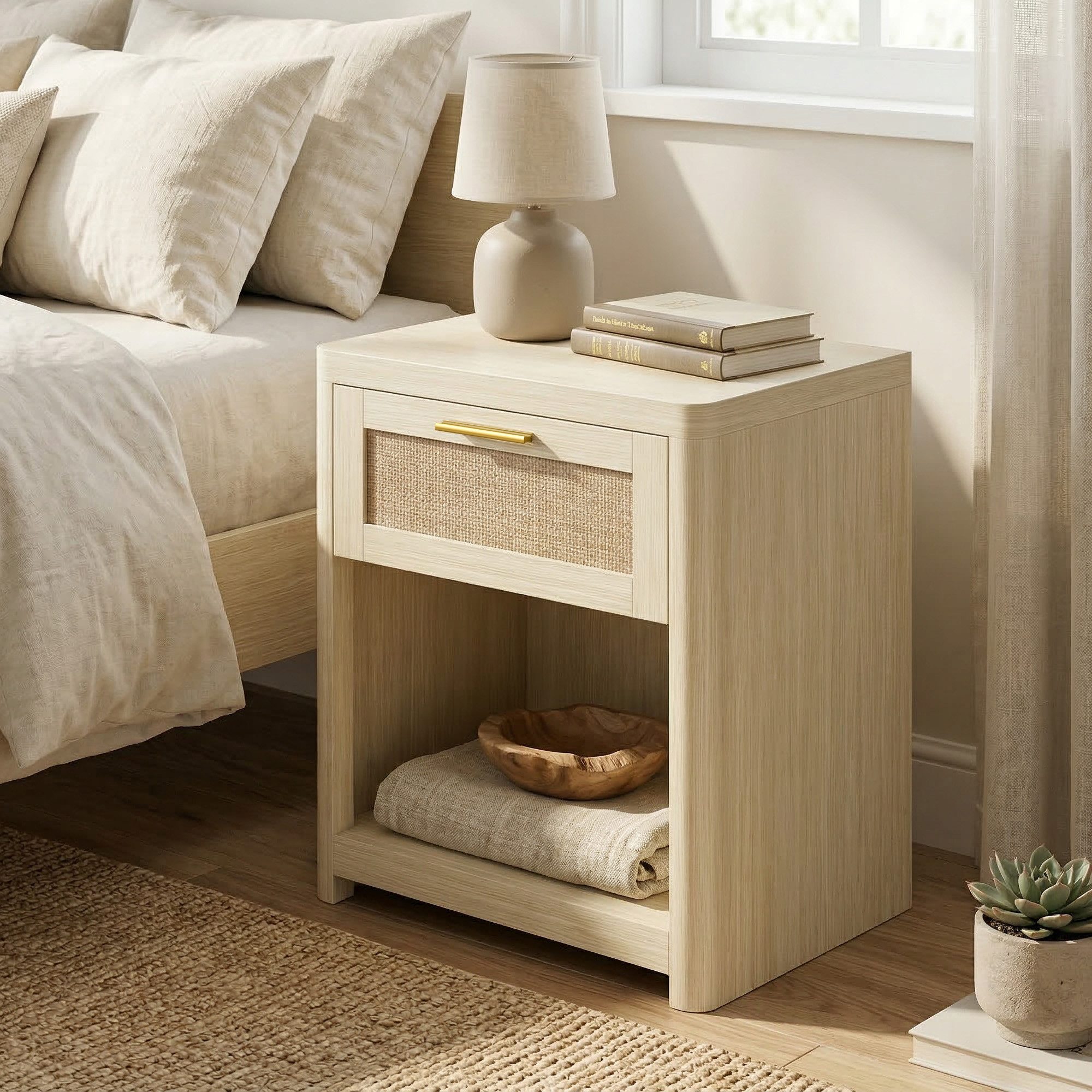 VASAGLE Nachttisch 2er Set Beistelltisch mit Schublade in Rattan-Optik, für Schlafzimmer neben dem Bett, Boho-Stil, mit offenem Fach – Bild 3 von 5