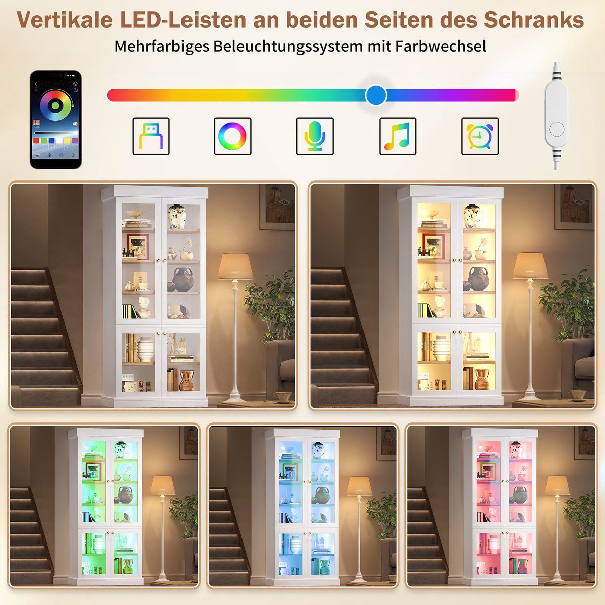 Odikalo Vitrine Vitrineschrank Glasvitrine mit LED (durchdachter Innenaufteilung und Kippschutz, stabil, sicher und vielseitig für Zuhause) 80×40×180cm – Bild 5 von 5