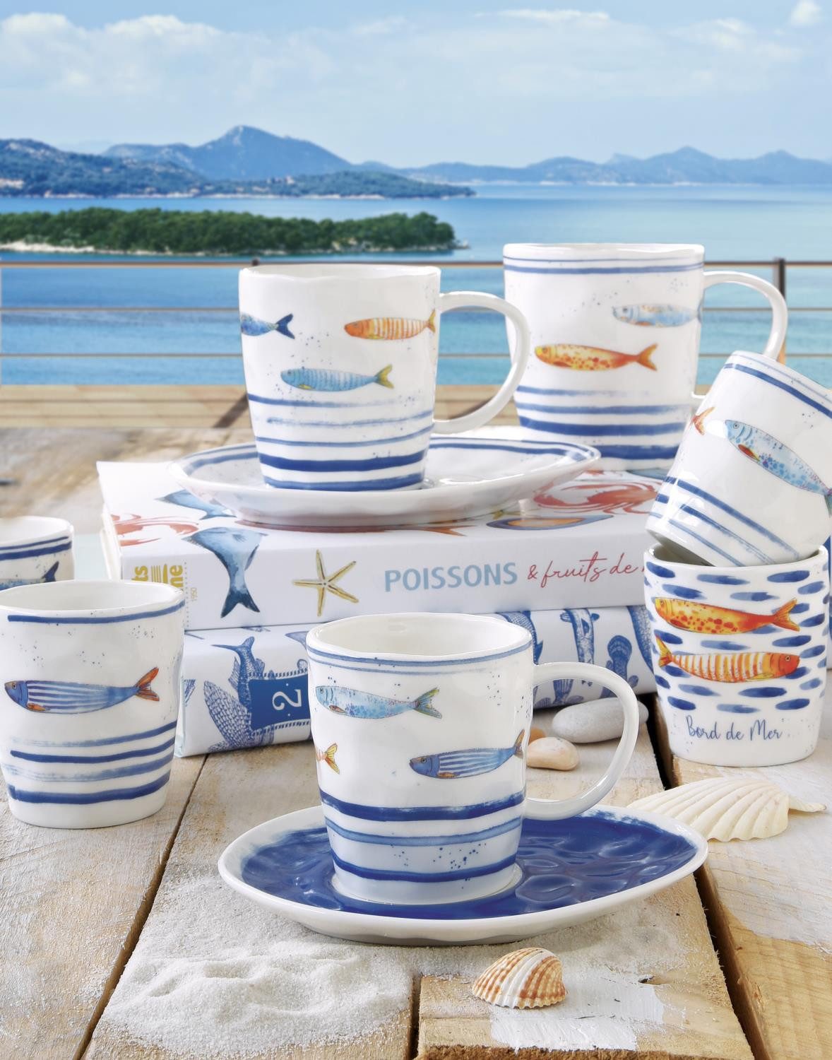 EasyLife Tasse Bord de Mer, Porzellan, Spülmaschinengeeignet, Weiß, Fische, H: 9.5cm