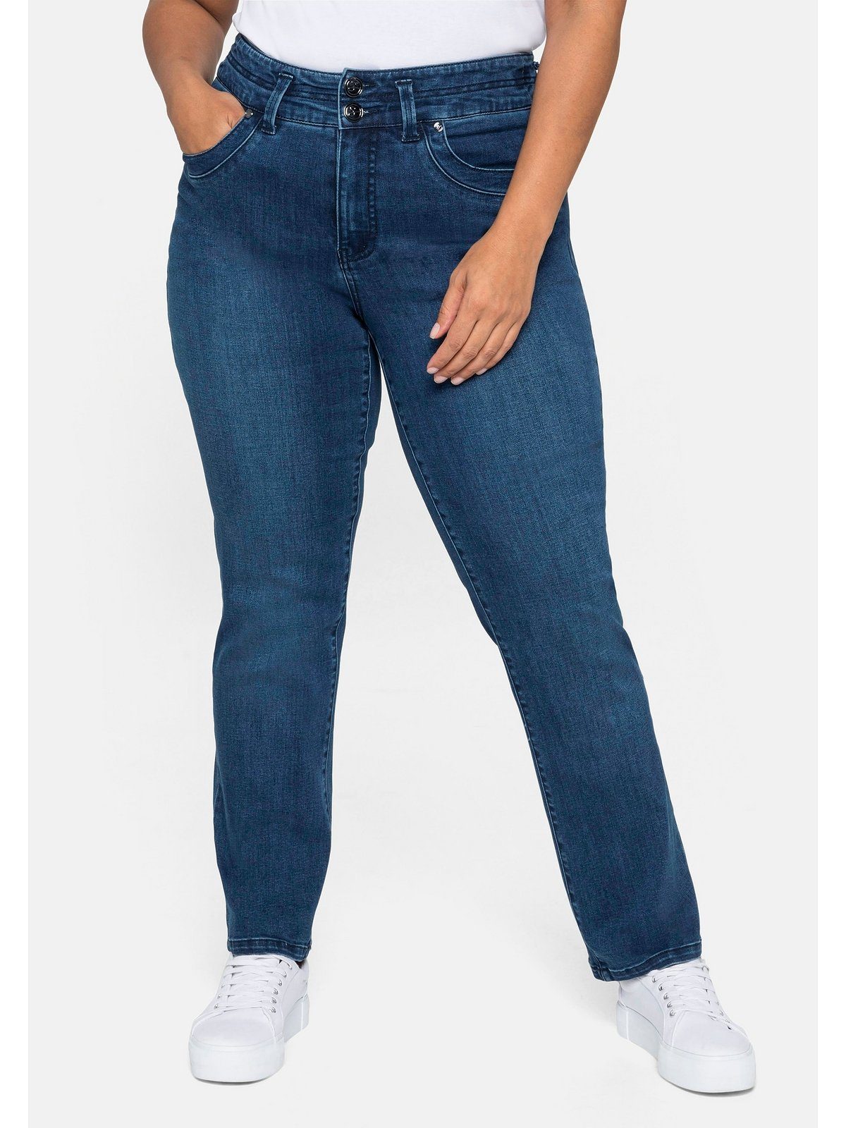 Jeans für MANUELA Sheego schmale Gerade Größen Große eine kräftige und Taille Oberschenkel