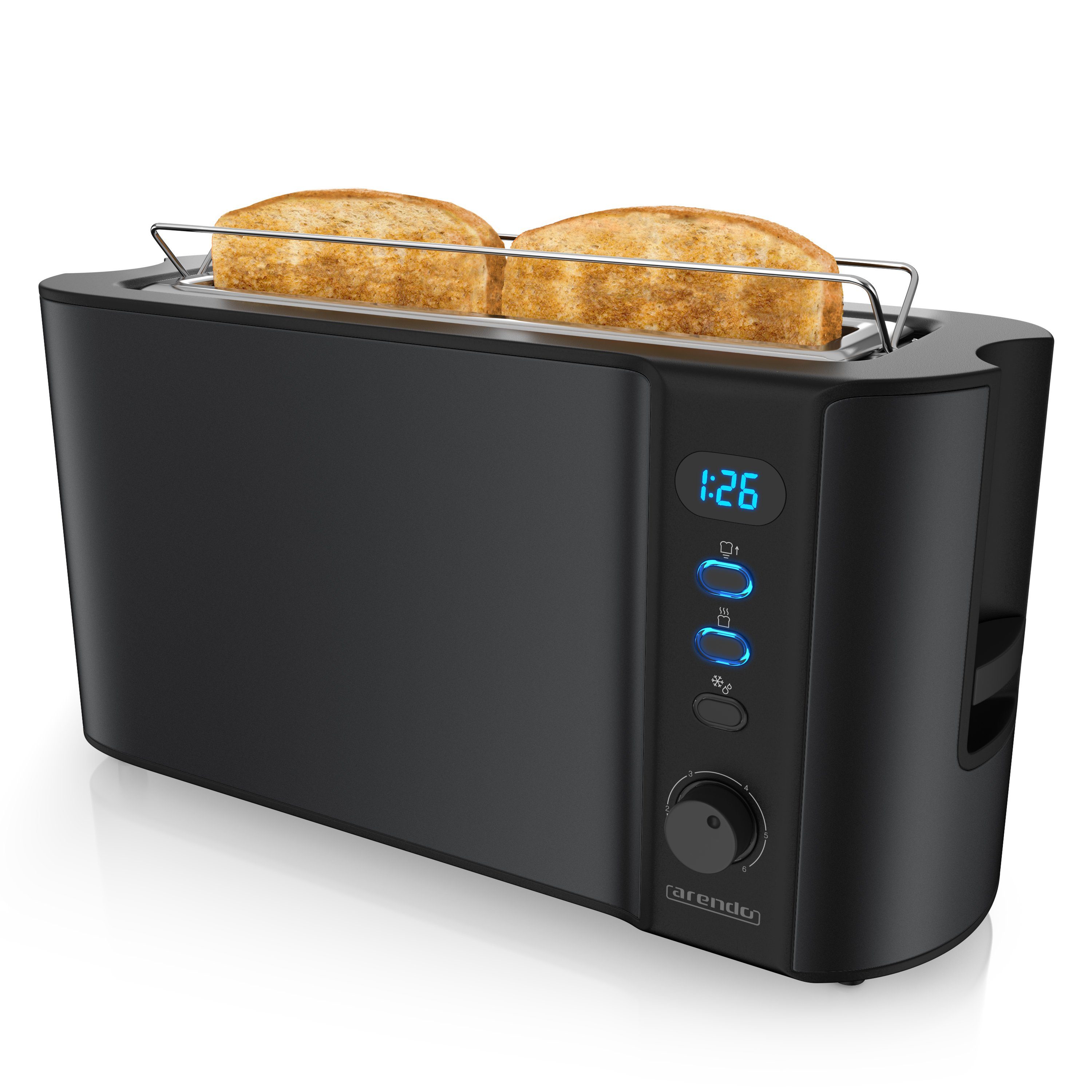 Arendo Toaster Edelstahl, Langschlitz, Display mit Restzeitanzeige, Brötchenaufsatz, 1 langer Schlitz, für 2 Scheiben, 1000 W, Defrost Funktion, Wärmeisolierendes Gehäuse, Krümelschublade
