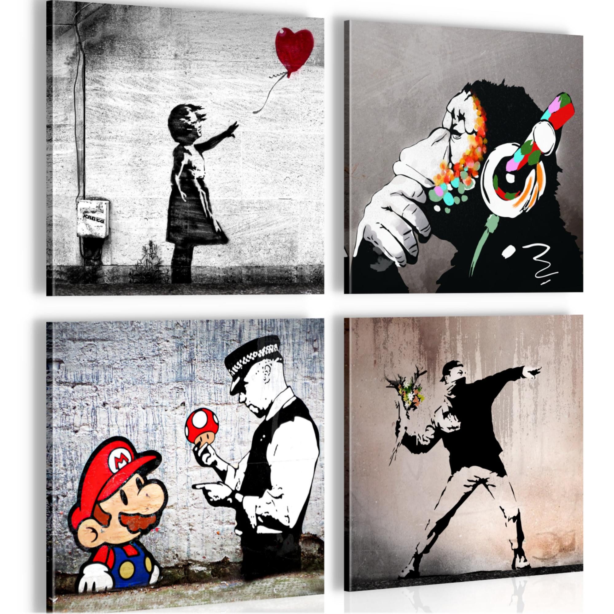 Novart Wandbild Set Banksy Style Collage Loft Grau Bilder Modern Streetart Graffiti, (4 St)