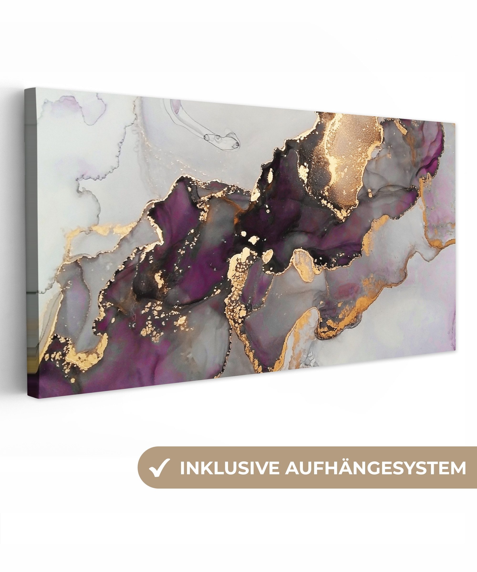 OneMillionCanvasses® Leinwandbild Panorama Marmor - Abstrakt - Gold - Lila, Fotodruck (1 St), Wandbild, Deko Schlafzimmer Wohnzimmer Flur 40x20 cm