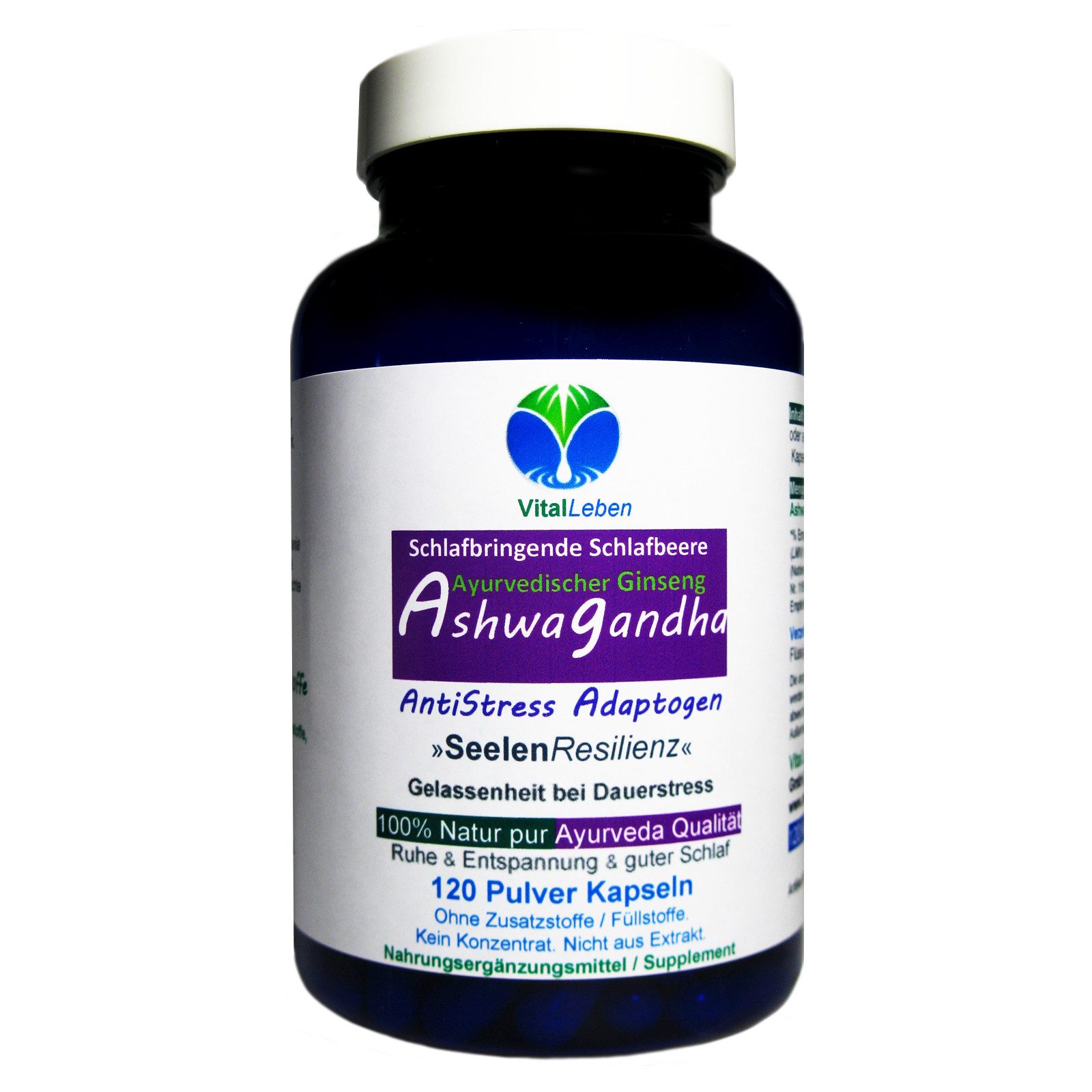 VitalLeben Ashwagandha Ayurvedischer Ginseng - Ohne Zusätze - Kapseln, 1 er Dose à 120 St., 60 g, Art. 27180-120