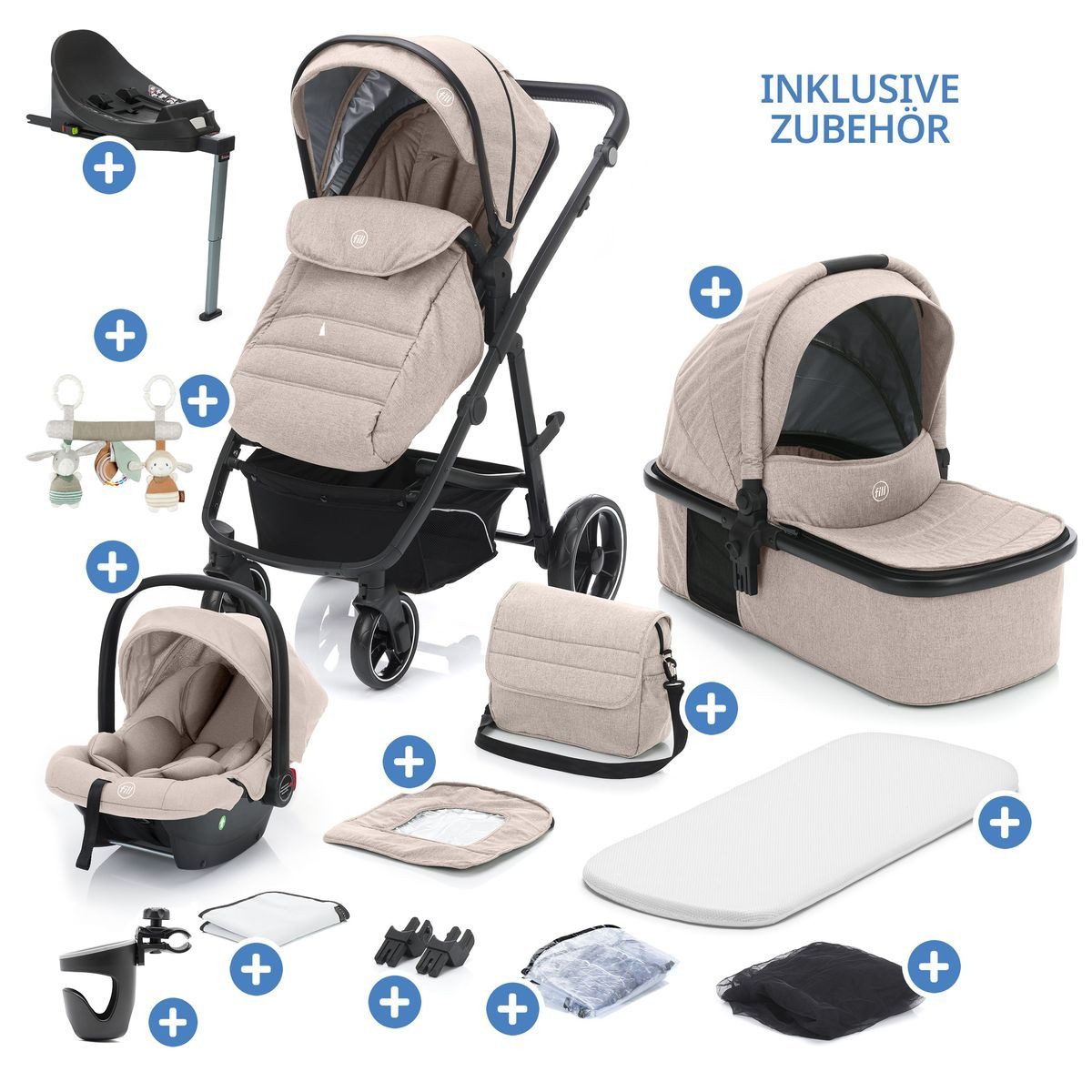 Fillikid Kombi-Kinderwagen Fill Jaguar - Sand, 3in1 Kinderwagen mit Babyschale, Babywanne, Sportsitz & Isofix-Basis