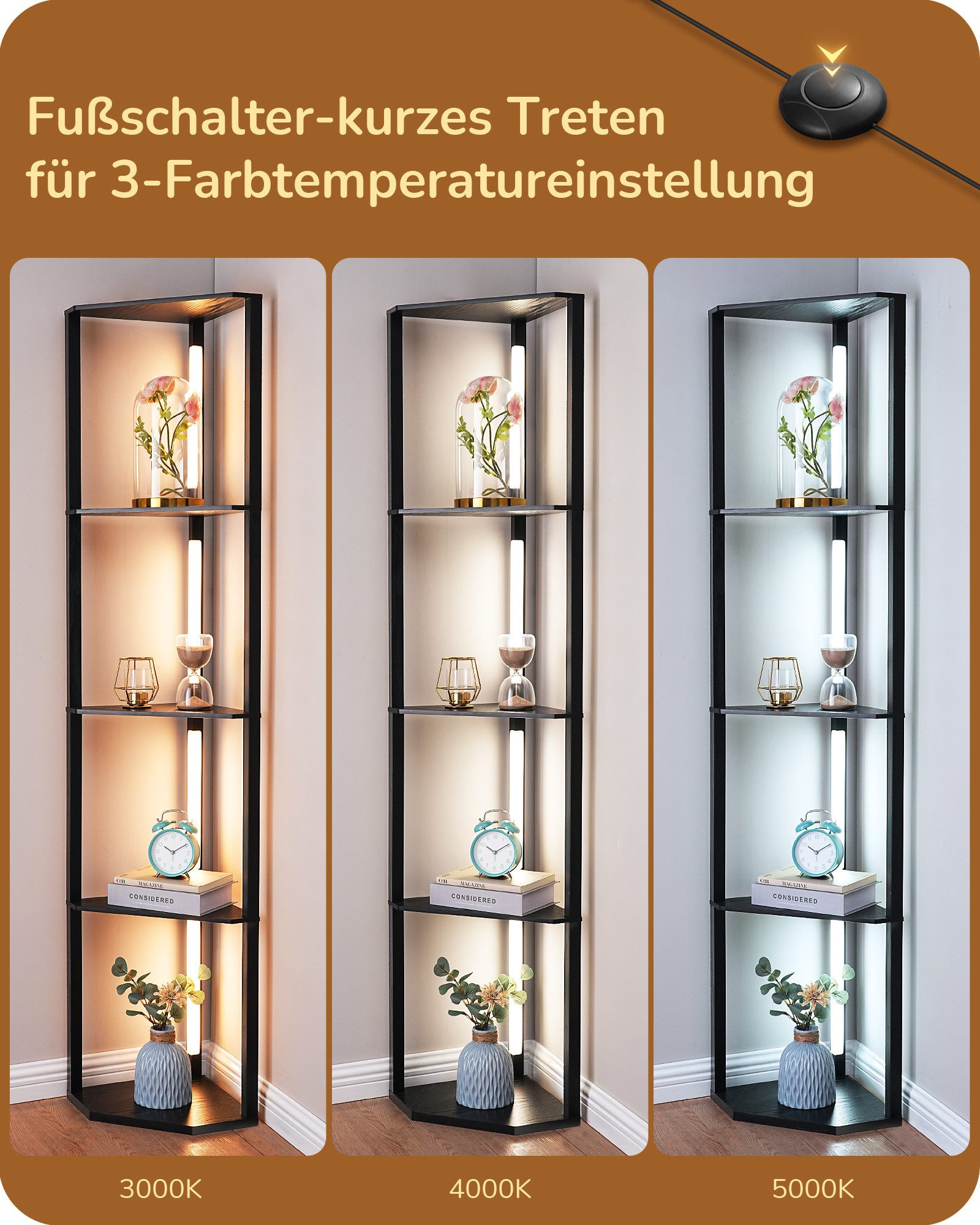 EDISHINE Stehlampe Wohnzimmer Dimmbar, Standleuchte mit Ablage, Ohne RGB, LED fest integriert, warmweiß bis kaltweiß dimmbar, LED Dimmbar Stehleuchte, Regal mit Licht