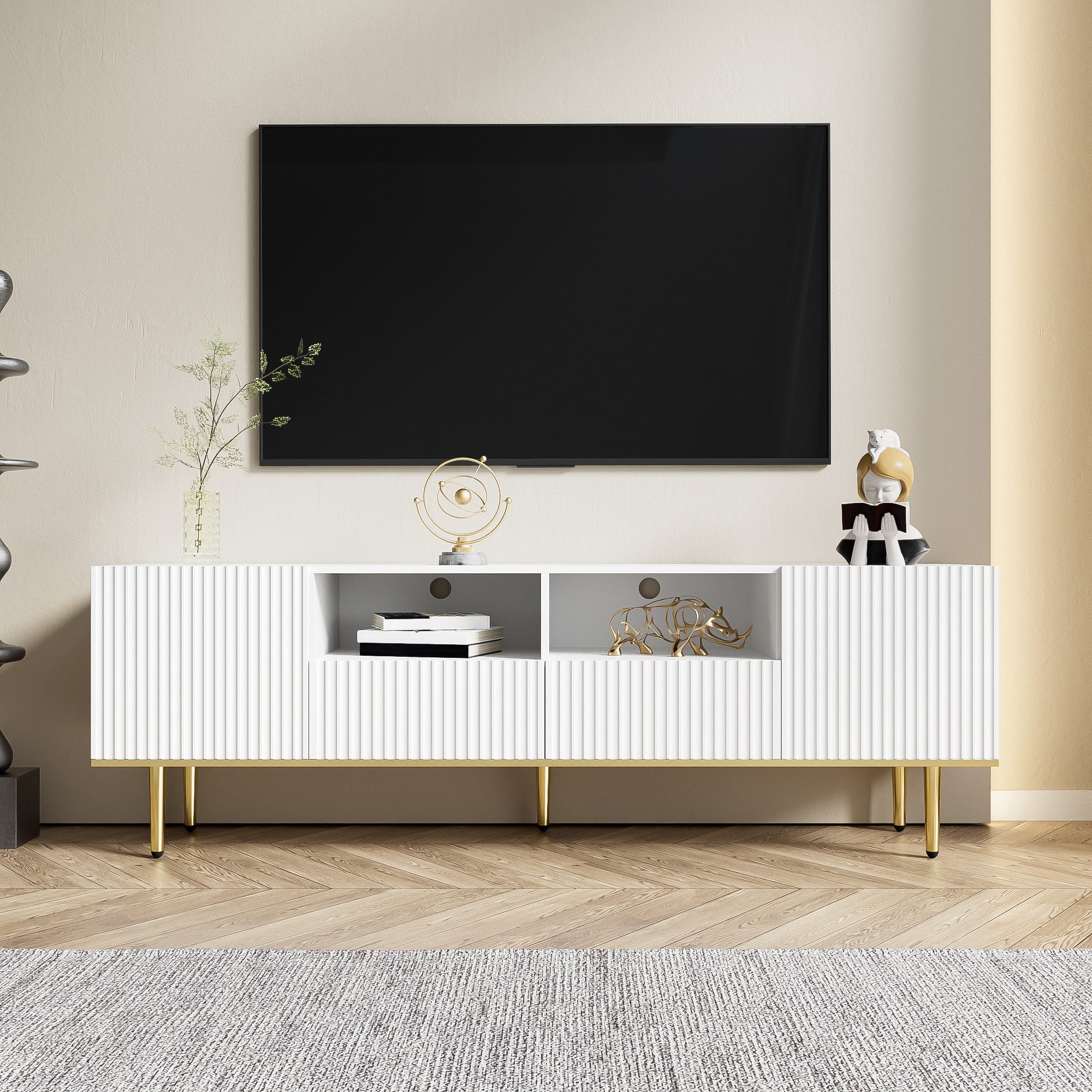 Fine Life Pro TV-Schrank Lowboard / TV‑Schrank / TV‑Lowboard mit goldenen Füßen, goldenem Rand