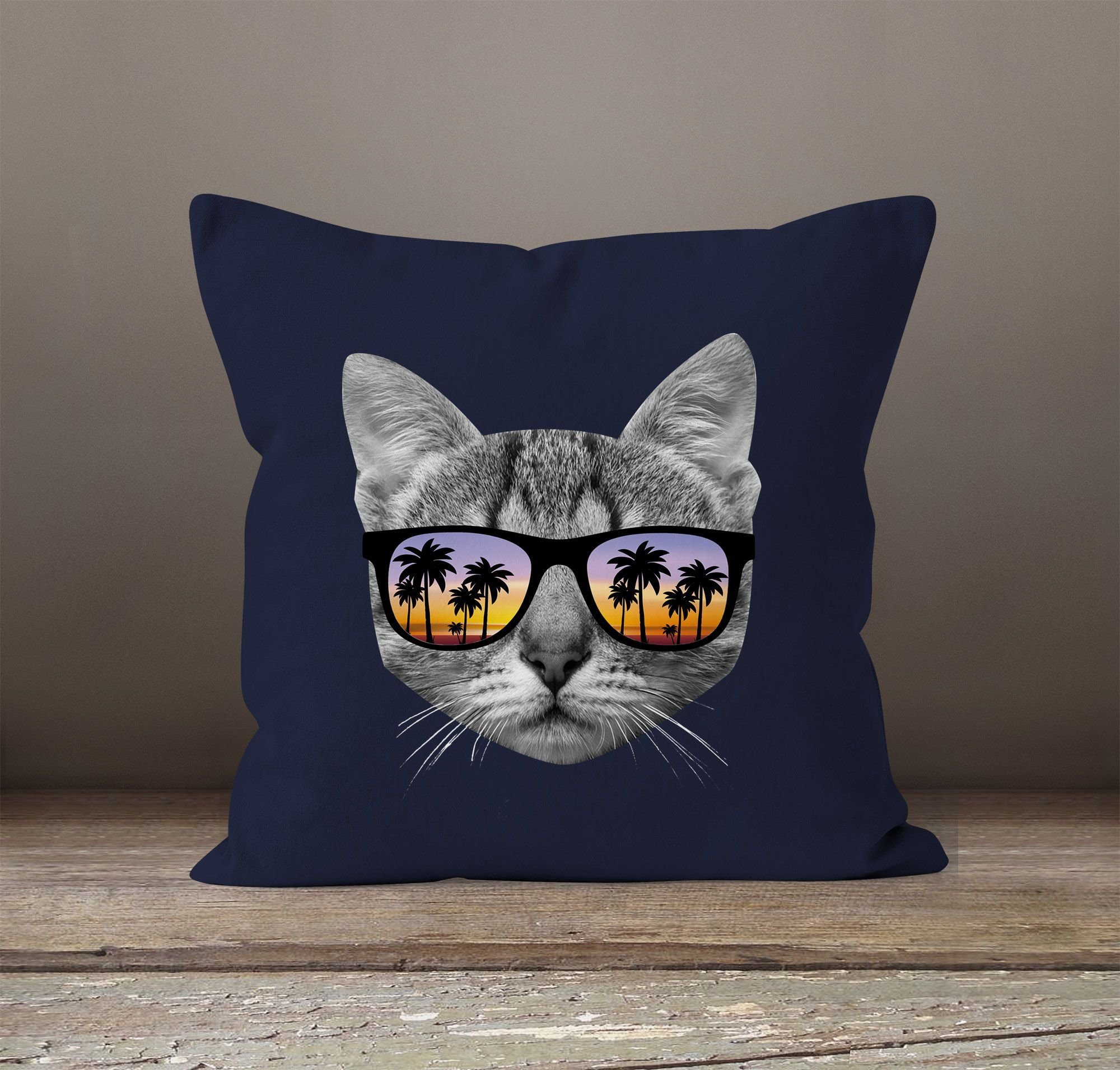 MoonWorks Dekokissen Kissenbezug Katze mit Baumwolle Kissen-Hülle navy Moonworks® Sonnenbrille 40x40