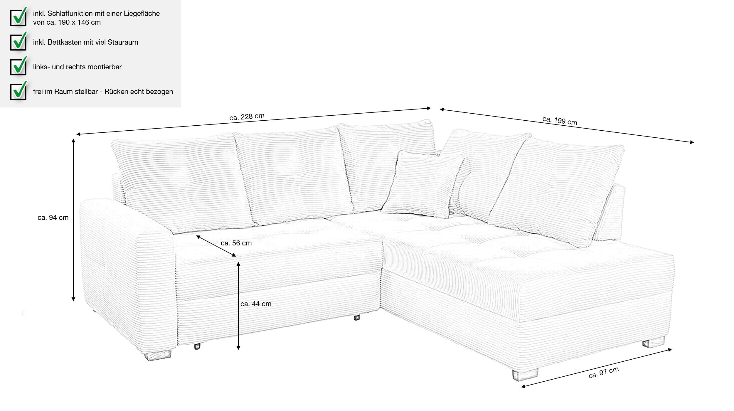 Massivart® Ecksofa HEIDELBERG / Bettkasten, Holzfüße grau-beige Bettfunktion, 228 cm, Cordsofa, in Cordbezug