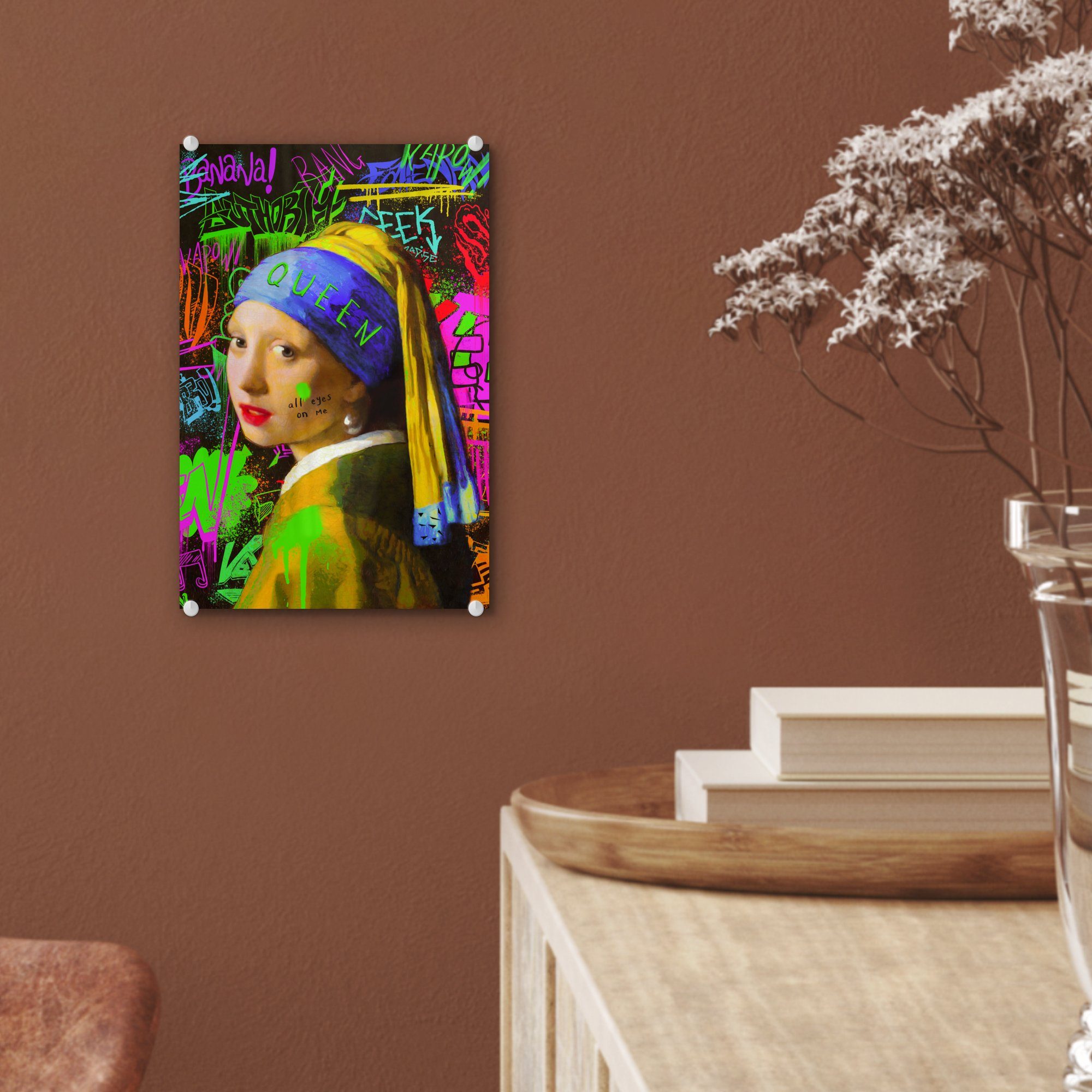 Mädchen dem mit - Wanddekoration Johannes Wandbild Vermeer MuchoWow Acrylglasbild Das Bilder Glas Glasbilder St), Foto Perlenohrring auf Glas (1 - auf Neon, - - -